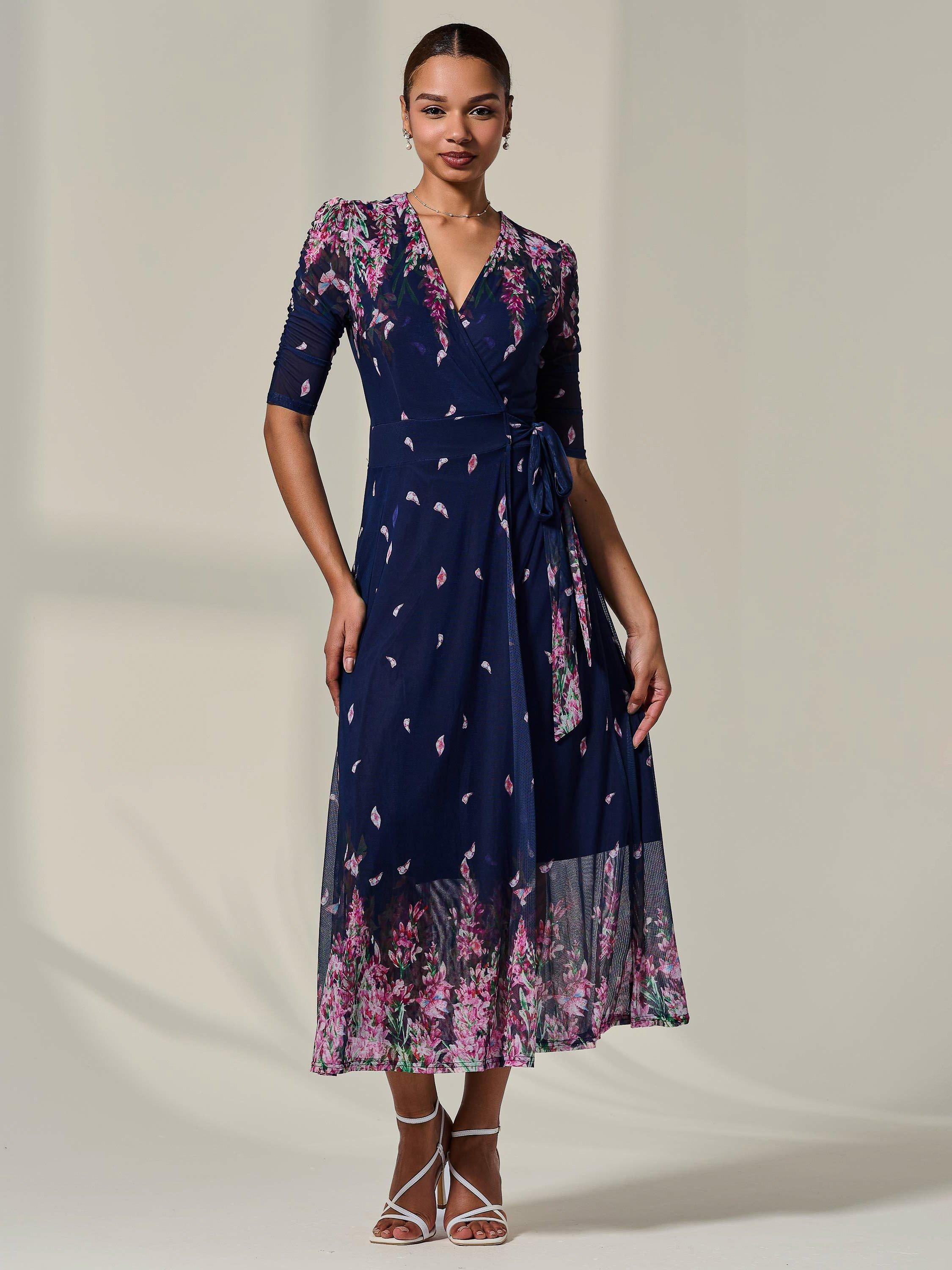 Product image 7 of 11, which shows Jolie Moi Half Sleeve Wrap Midi Dress, Navy/Multi, 8
