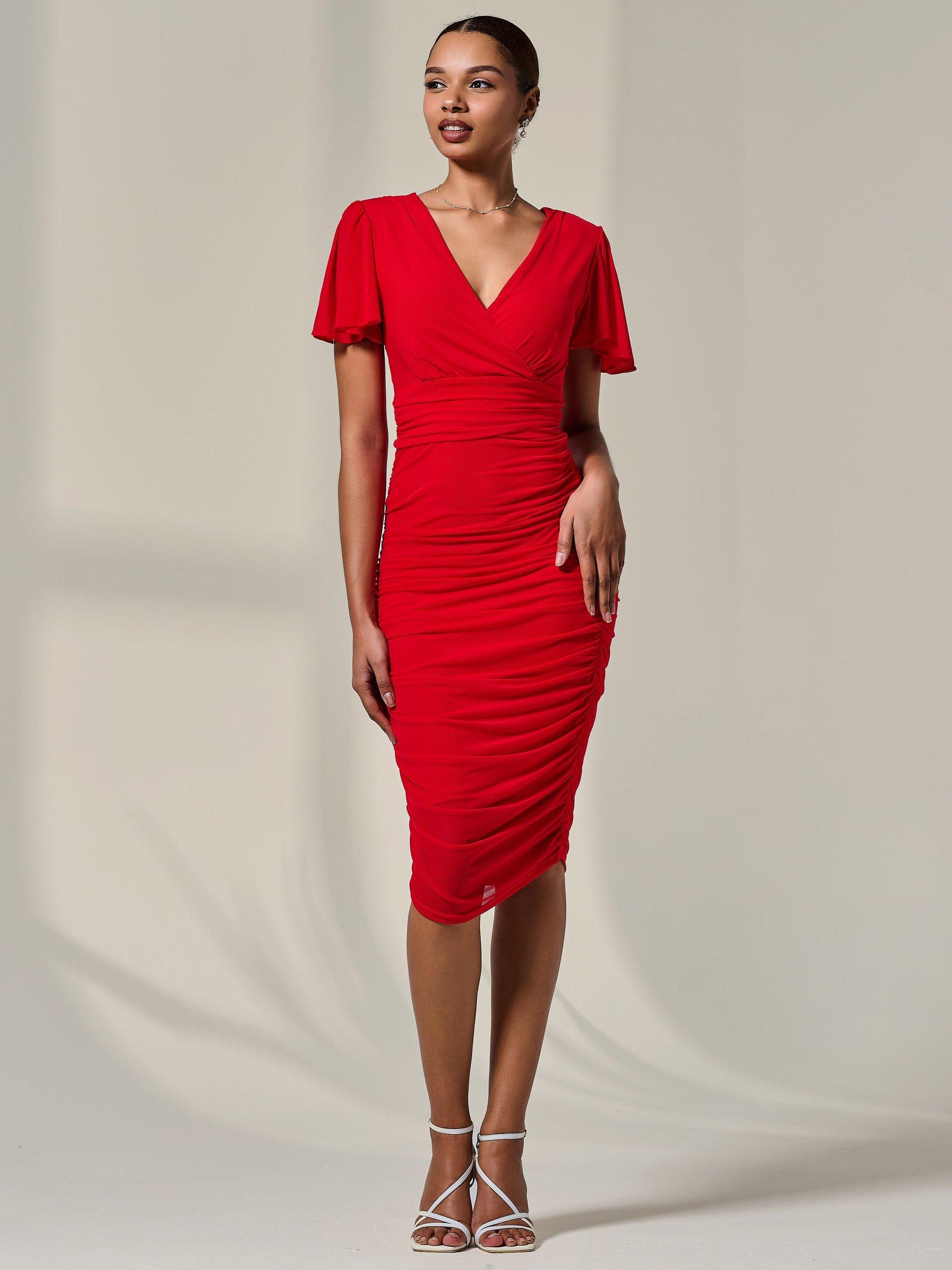 Product image 3 of 11, which shows Jolie Moi Ruched Bodycon Dress, Red, 8