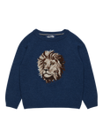 Trotters Kids' Augustus Wool Blend Lion Jumper, Denim Blue Marl
