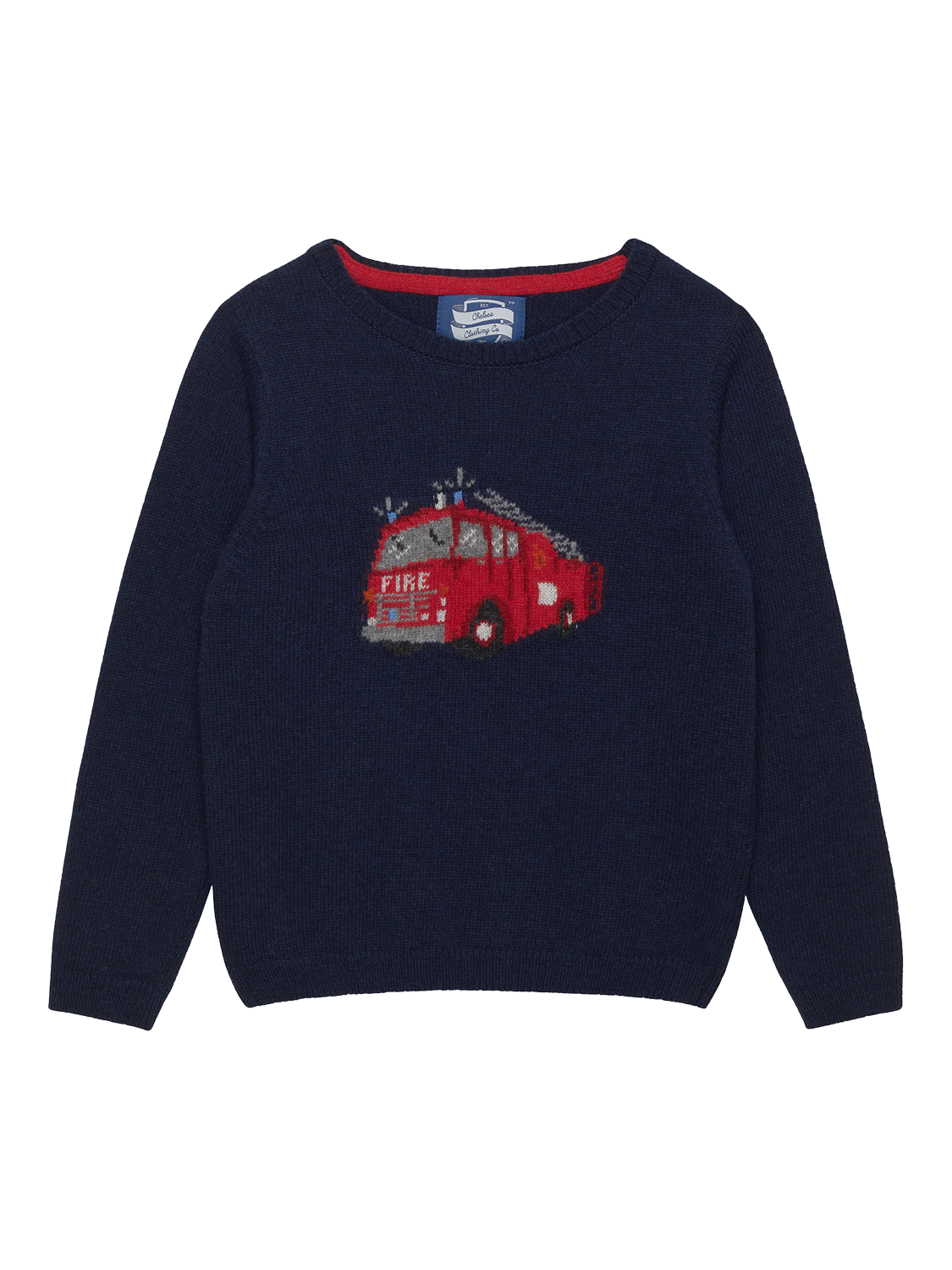 Product image 1 of 2, which shows Trotters Kids' Wool Blend Fire Engine Jumper, Navy, 2-3 years