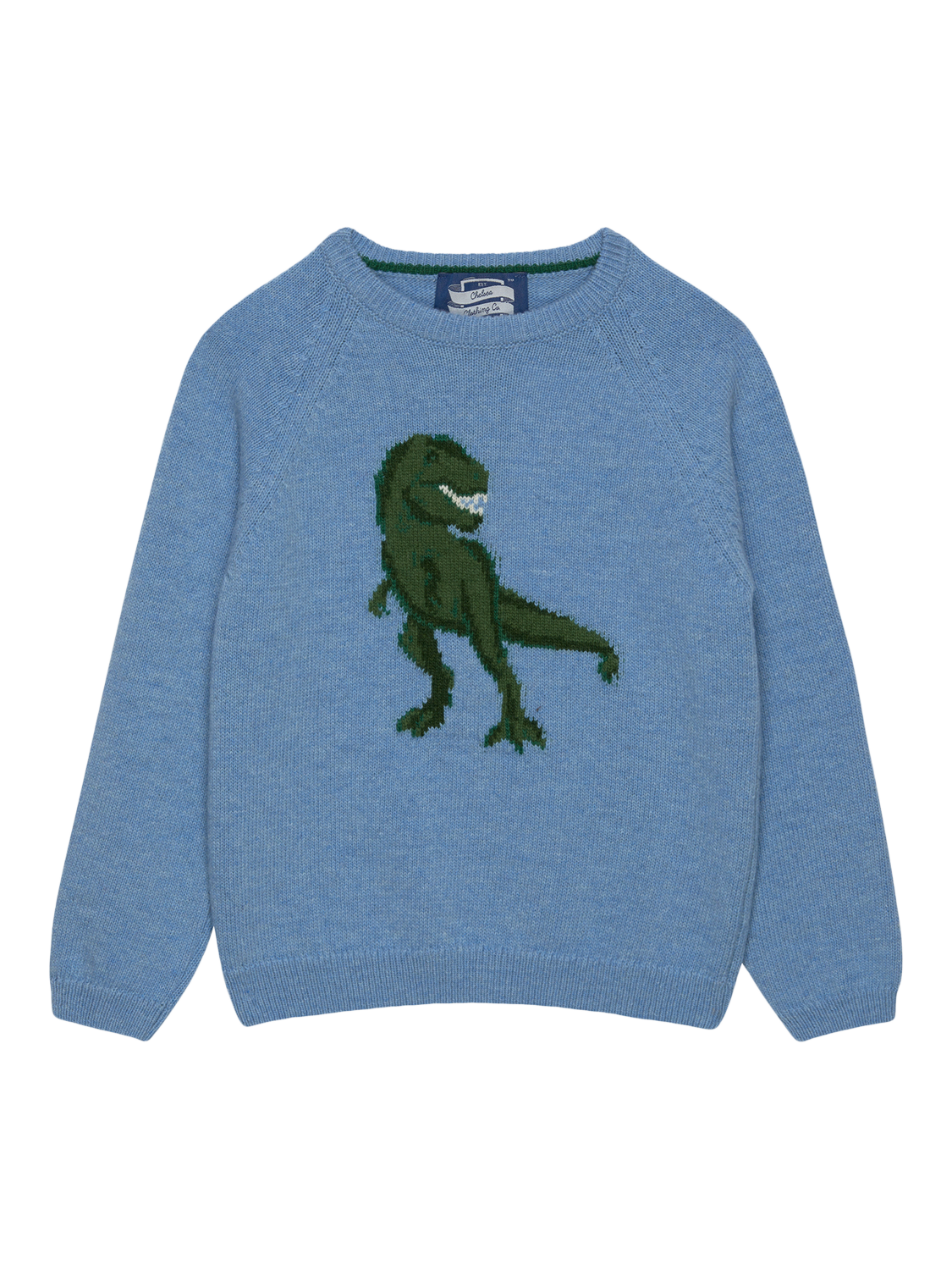 Product image 1 of 2, which shows Trotters Kids' Wool Blend T-Rex Jumper, Blue Marl, 2-3 years
