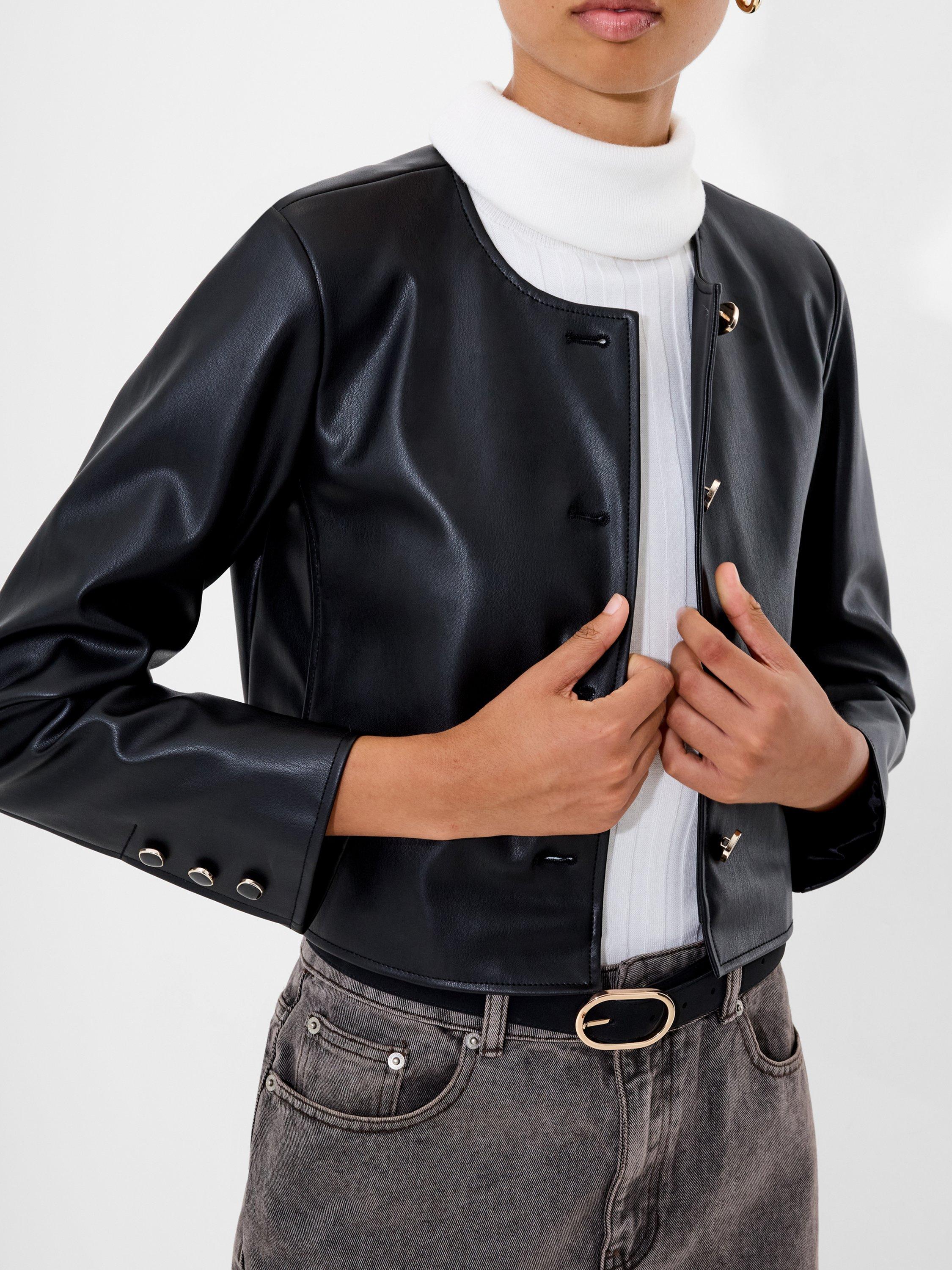Product image 2 of 5, which shows French Connection Dessa Faux Leather Cropped Jacket, Black, 6