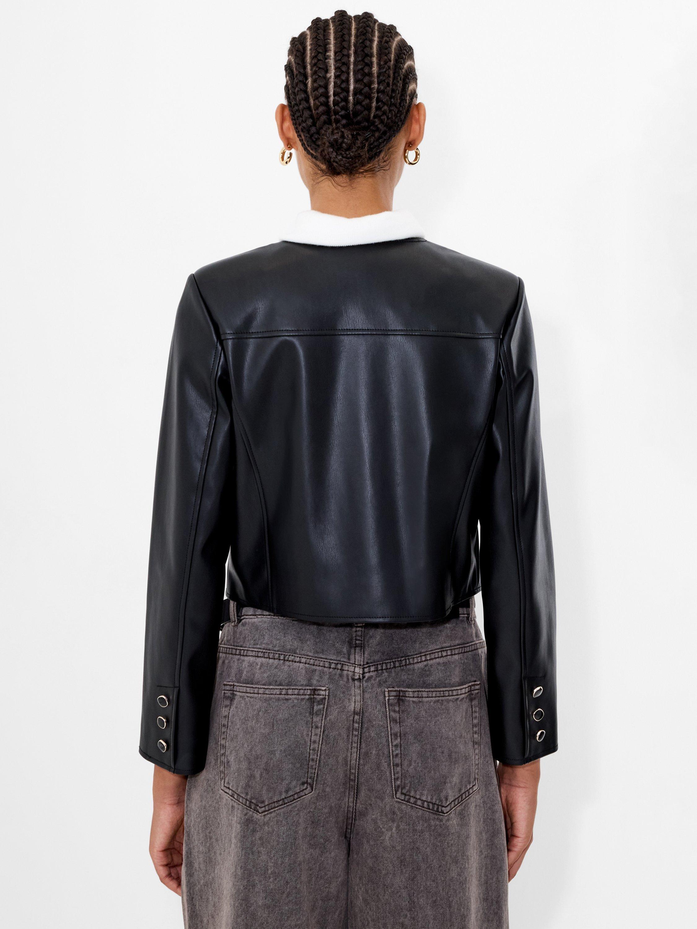 Product image 3 of 5, which shows French Connection Dessa Faux Leather Cropped Jacket, Black, 6