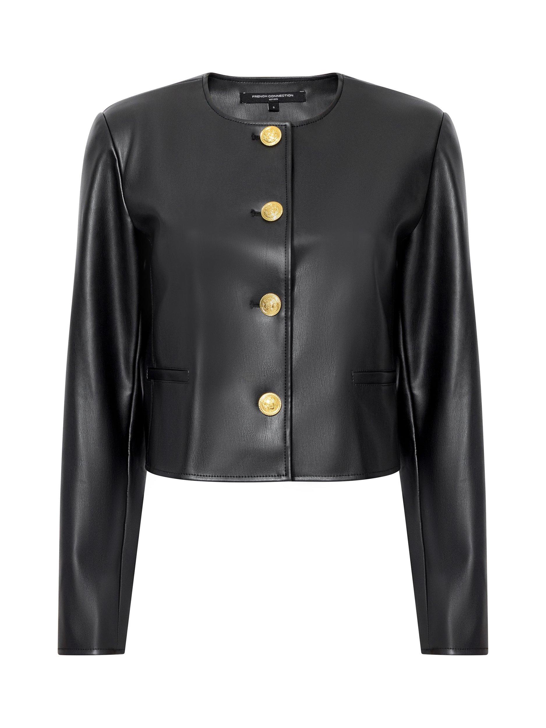 Product image 5 of 5, which shows French Connection Dessa Faux Leather Cropped Jacket, Black, 6