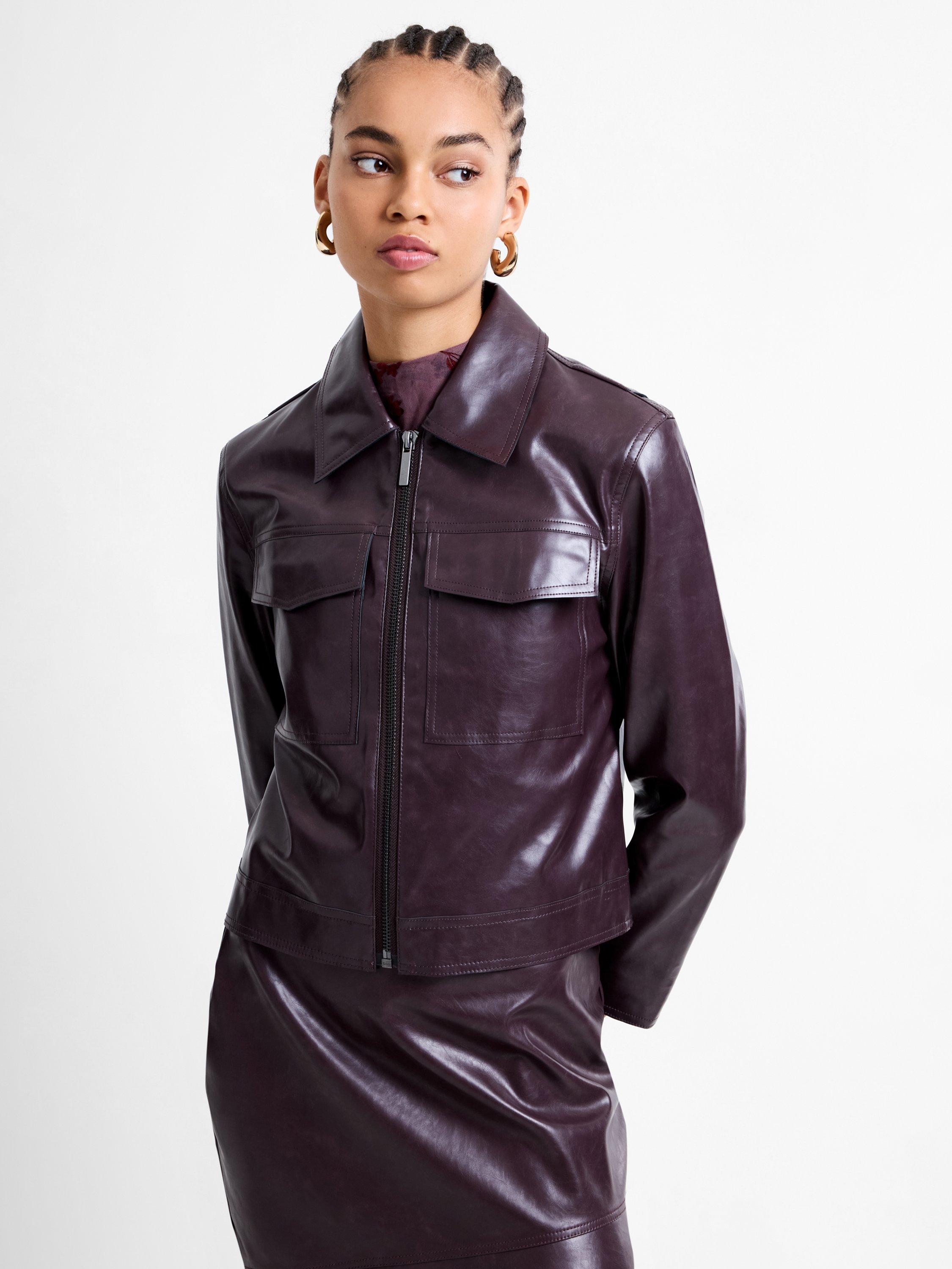 Product image 1 of 5, which shows French Connection Kayleigh PU Bomber Jacket, Bordeaux Red, XS