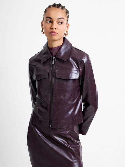 French Connection Kayleigh PU Bomber Jacket, Bordeaux Red, Bordeaux Red