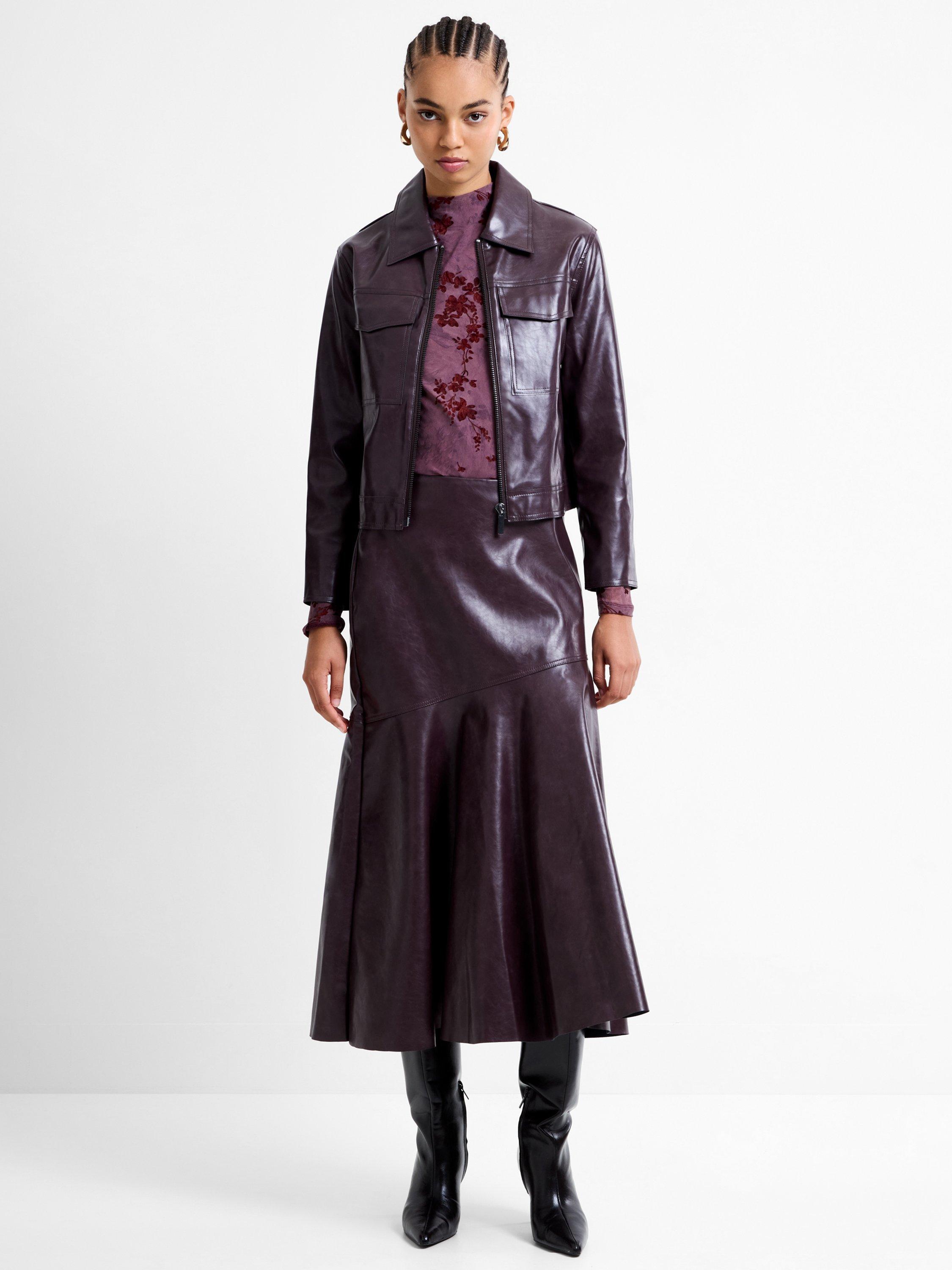 Product image 3 of 5, which shows French Connection Kayleigh PU Bomber Jacket, Bordeaux Red, XS