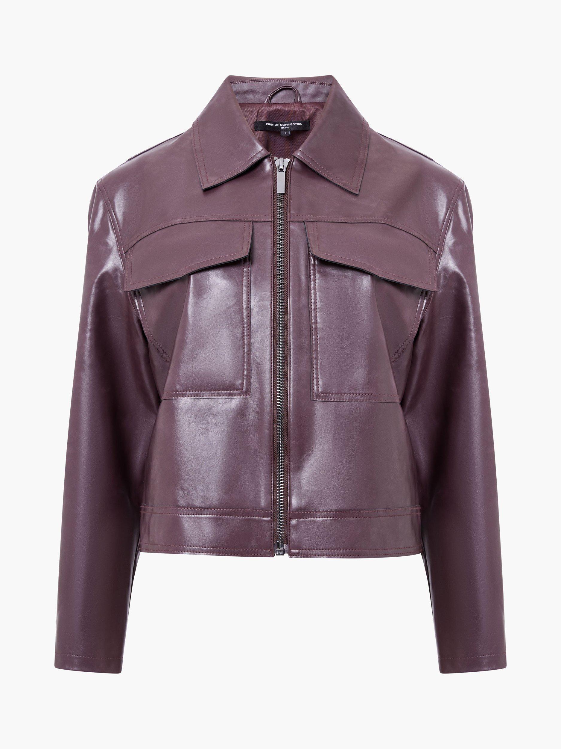 Product image 5 of 5, which shows French Connection Kayleigh PU Bomber Jacket, Bordeaux Red, XS