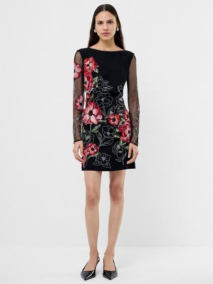 French Connection Astrida Crepe Embroidered Floral Mini Dress, Black/Multi, Black/Multi