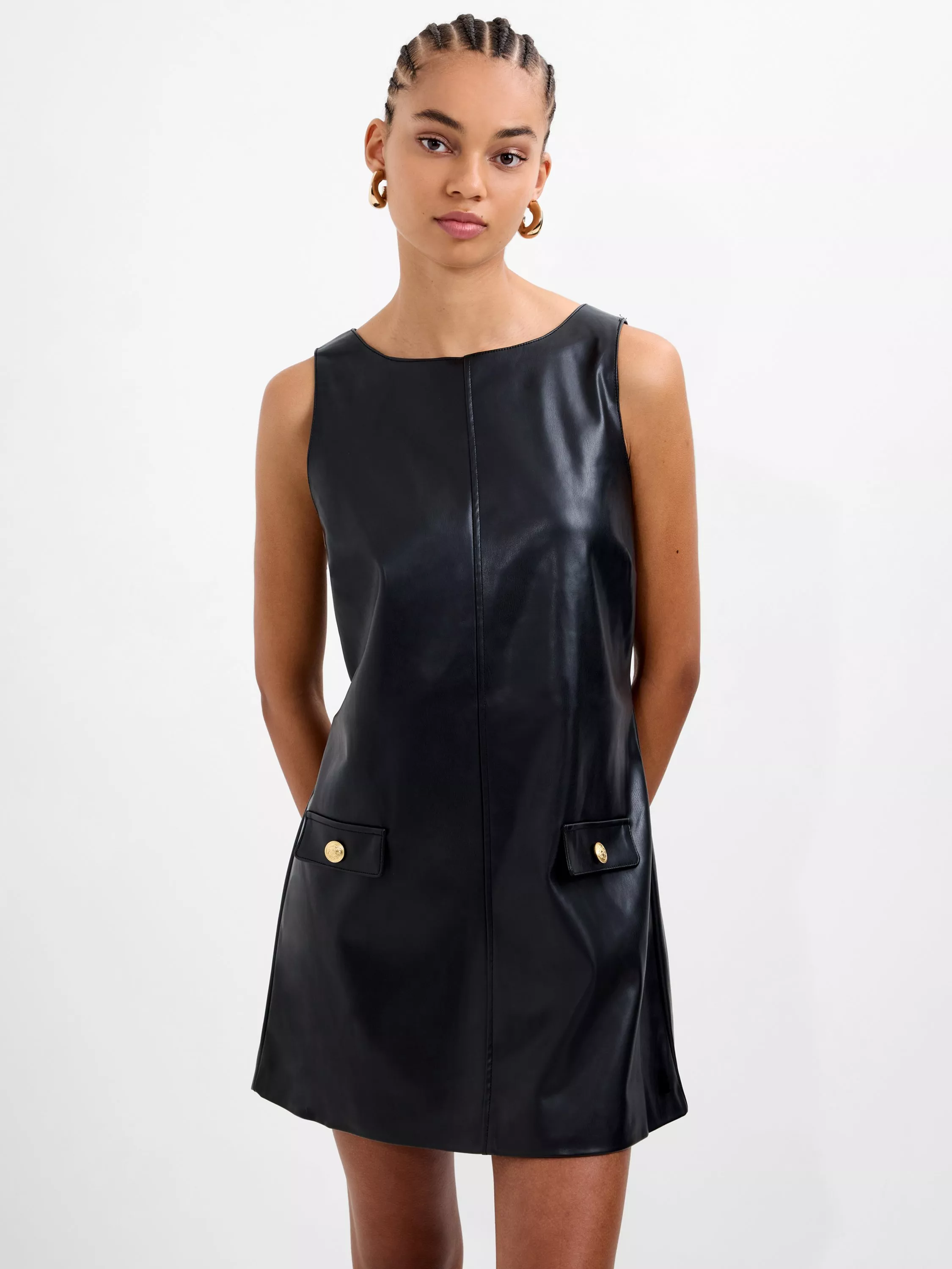 French Connection Dessa Faux Leather Sleeveless Mini Dress, Black