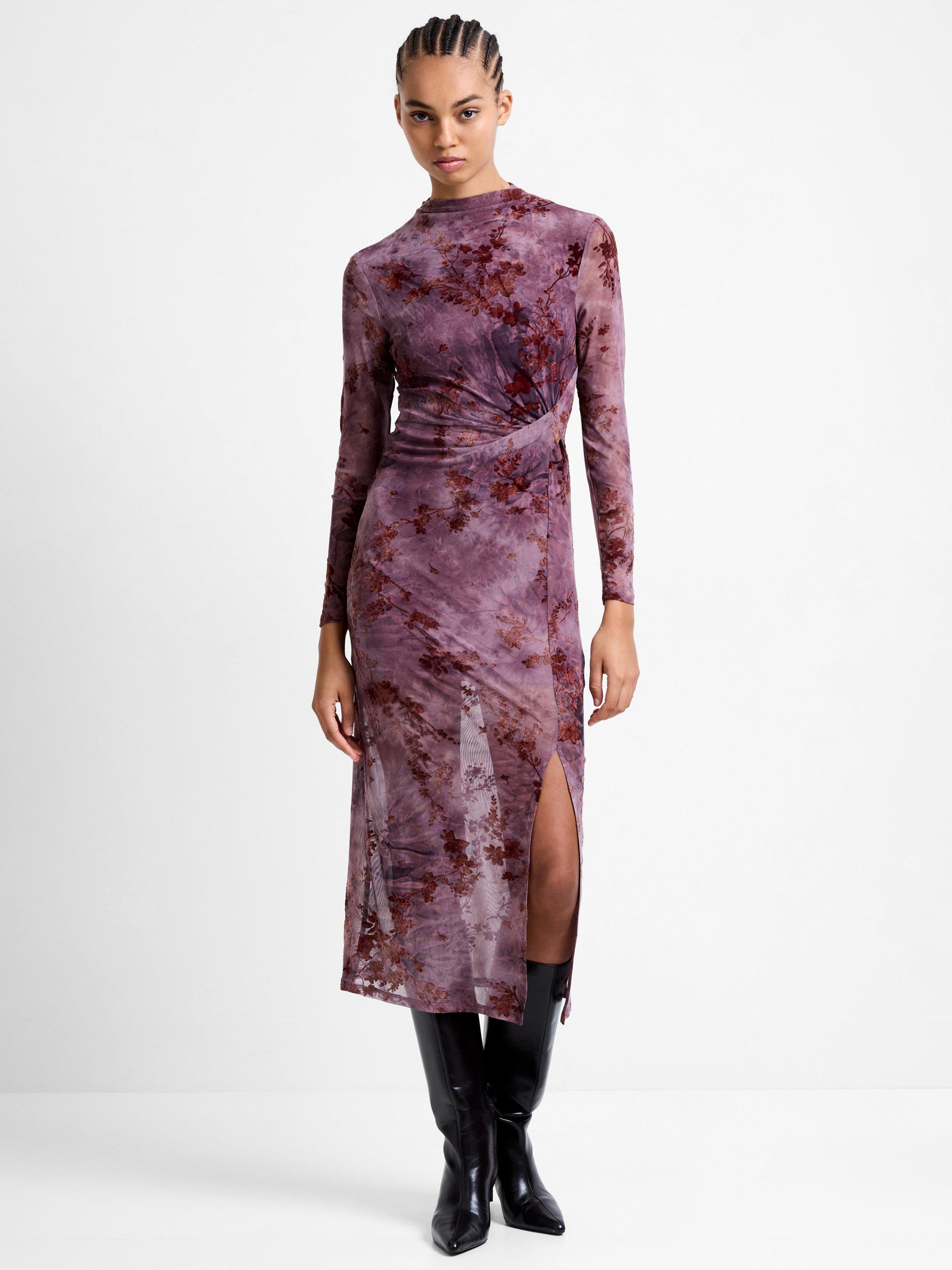 Product image 1 of 6, which shows French Connection Kenny Floral Devore Mesh Long Sleeve Dress, Multi, XS