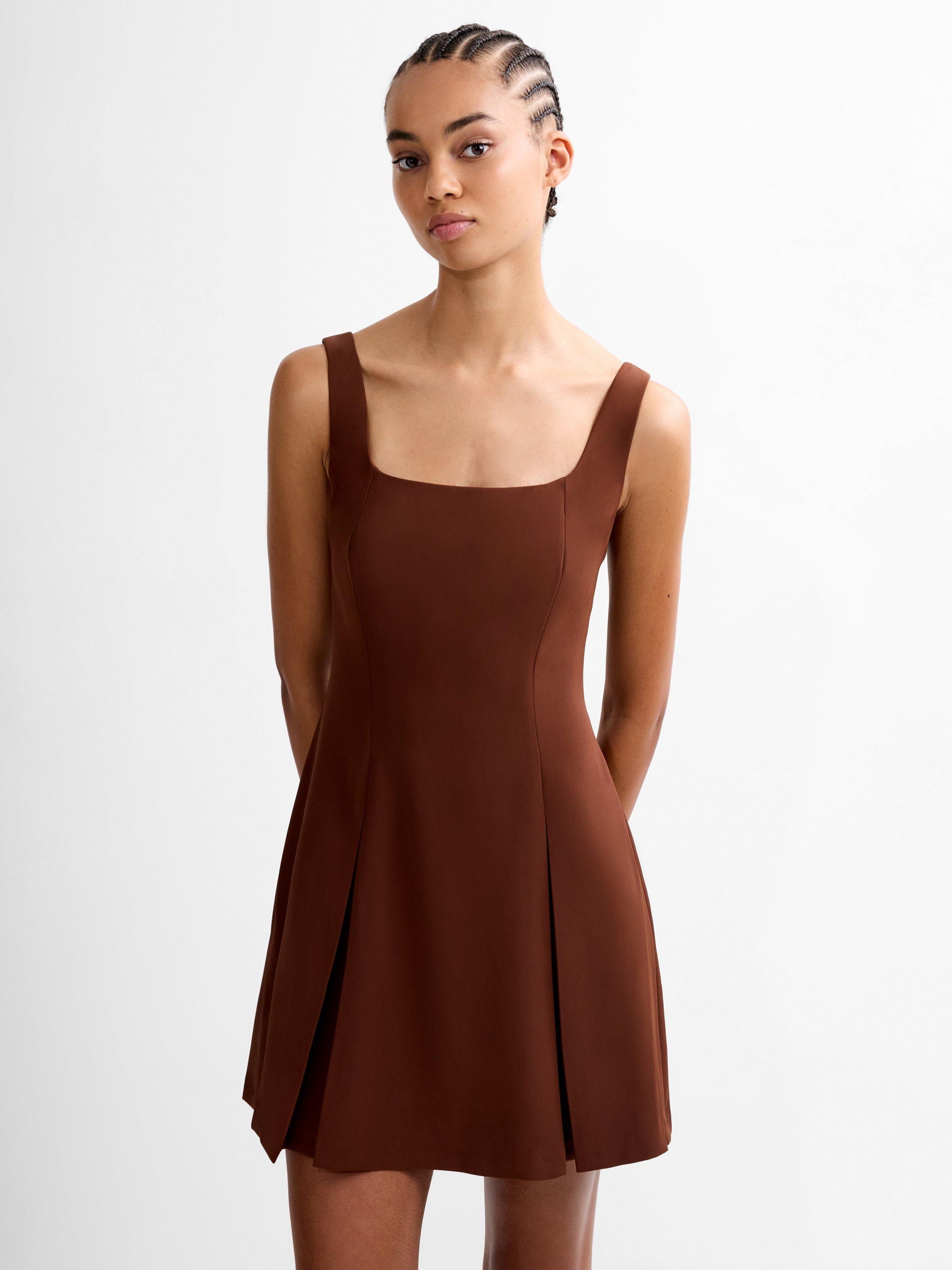 Product image 3 of 5, which shows French Connection Square Neck Inverted Pleat Mini Dress, Chocolate, 8
