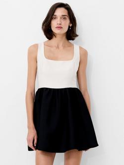 French Connection Colour Block Square Neck Mini Dress, Porcelain Cream/Black, Porcelain Cream/Black