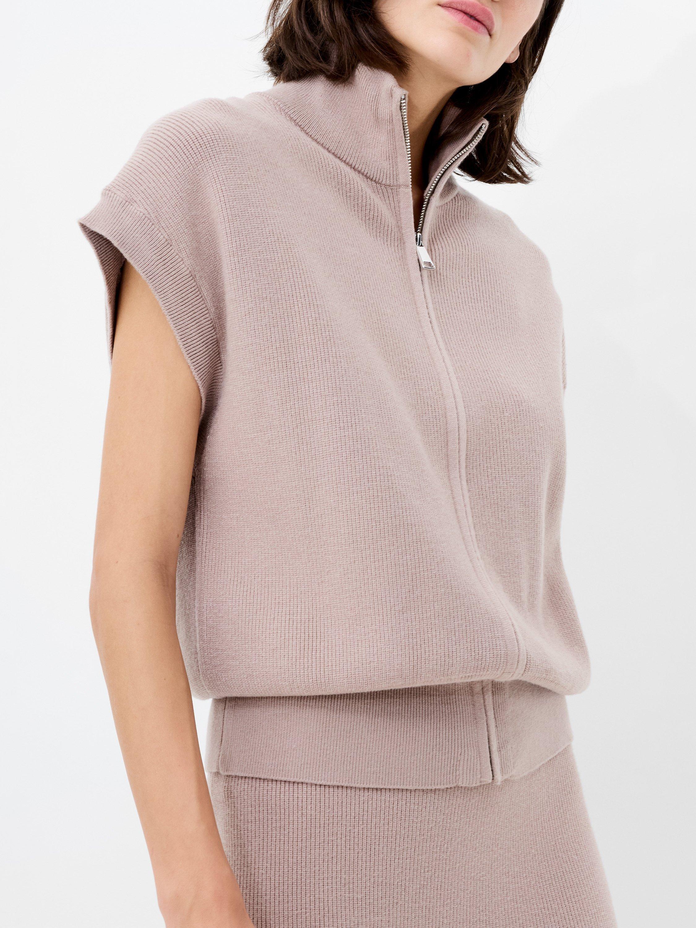 Product image 2 of 5, which shows French Connection Ava Knit Zip Through Sleeveless Vest, Neutral Taupe, XS