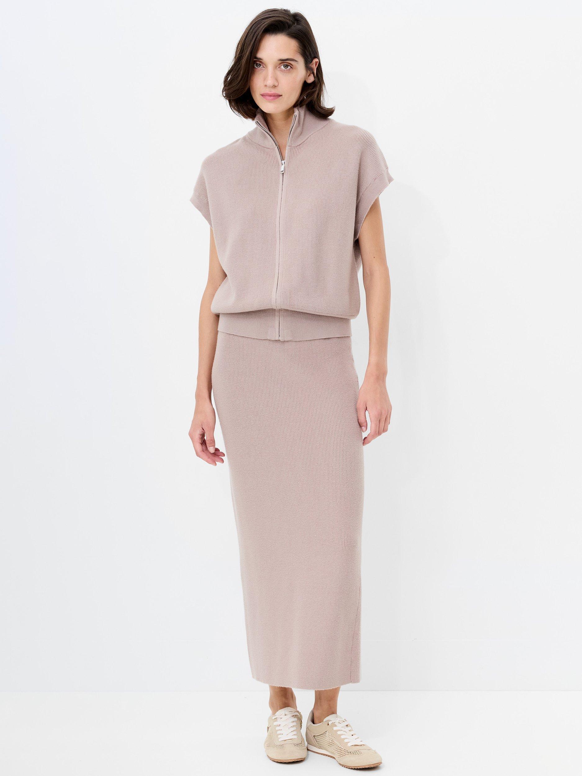 Product image 3 of 5, which shows French Connection Ava Knit Zip Through Sleeveless Vest, Neutral Taupe, XS