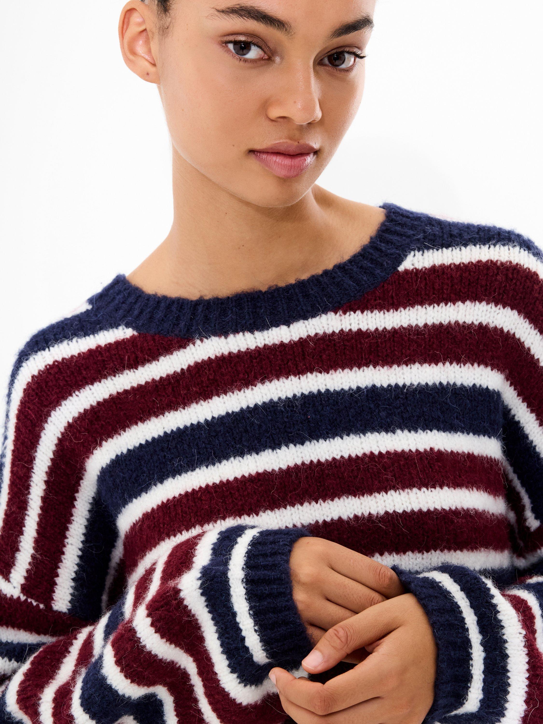 Product image 2 of 5, which shows French Connection Chunky Stripe Wool Rich Jumper, Cabernet/Royal Blue, M