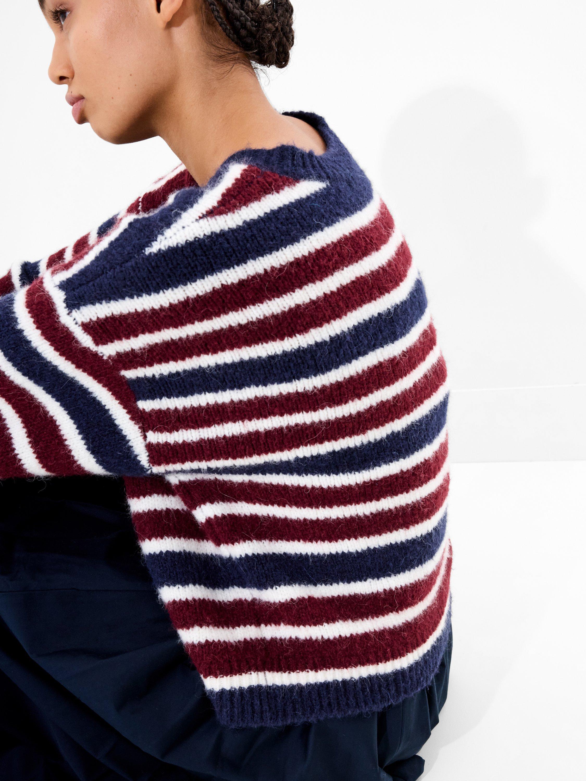 Product image 3 of 5, which shows French Connection Chunky Stripe Wool Rich Jumper, Cabernet/Royal Blue, M