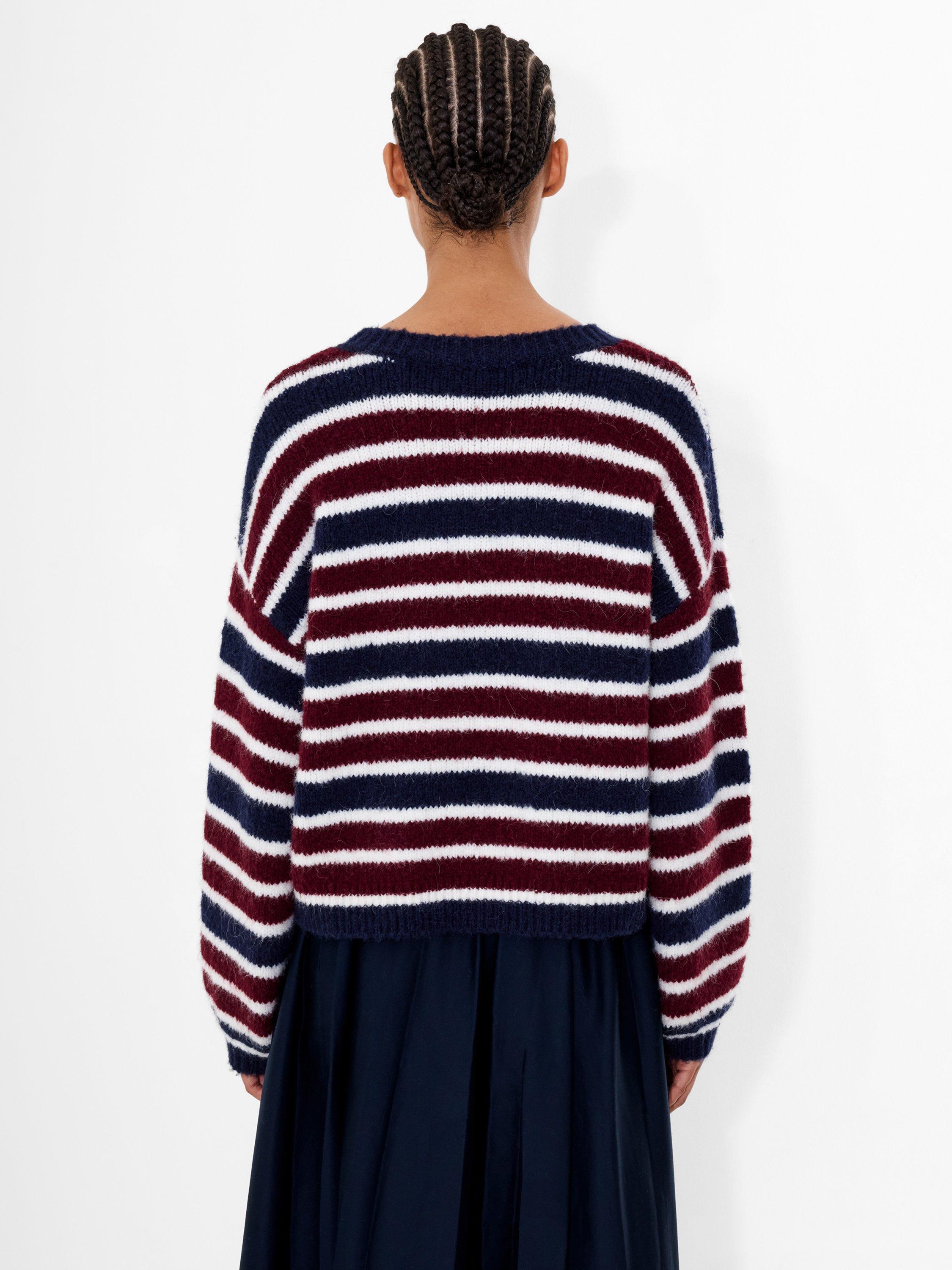 Product image 4 of 5, which shows French Connection Chunky Stripe Wool Rich Jumper, Cabernet/Royal Blue, M