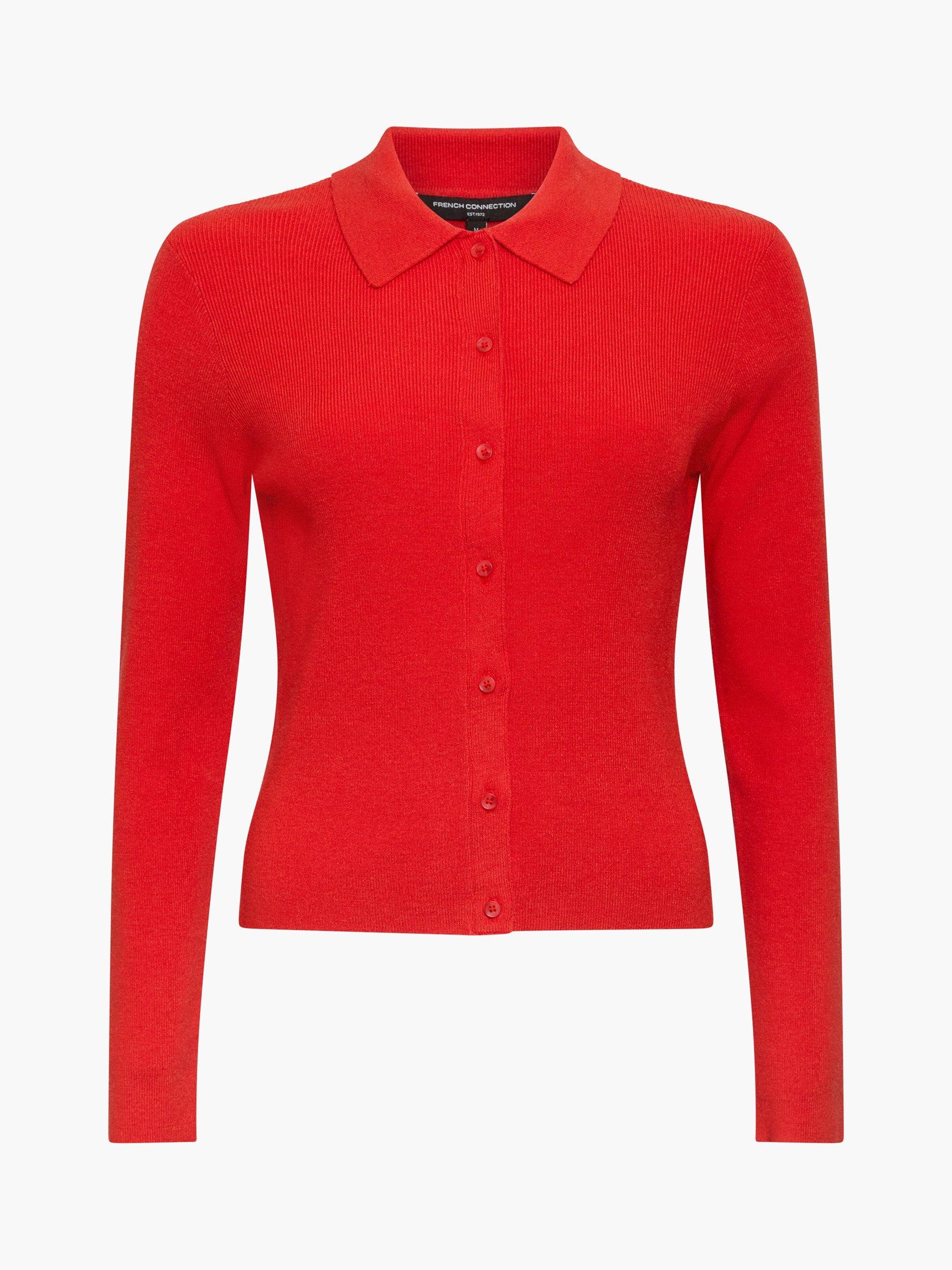 Product image 5 of 5, which shows French Connection Cosysoft Knit Button Down Long Sleeve Top, Mars Red, XS
