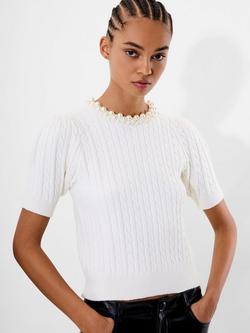 French Connection Embellished Neck Short Sleeve Cable Knit Sweater, White/Multi, White/Multi