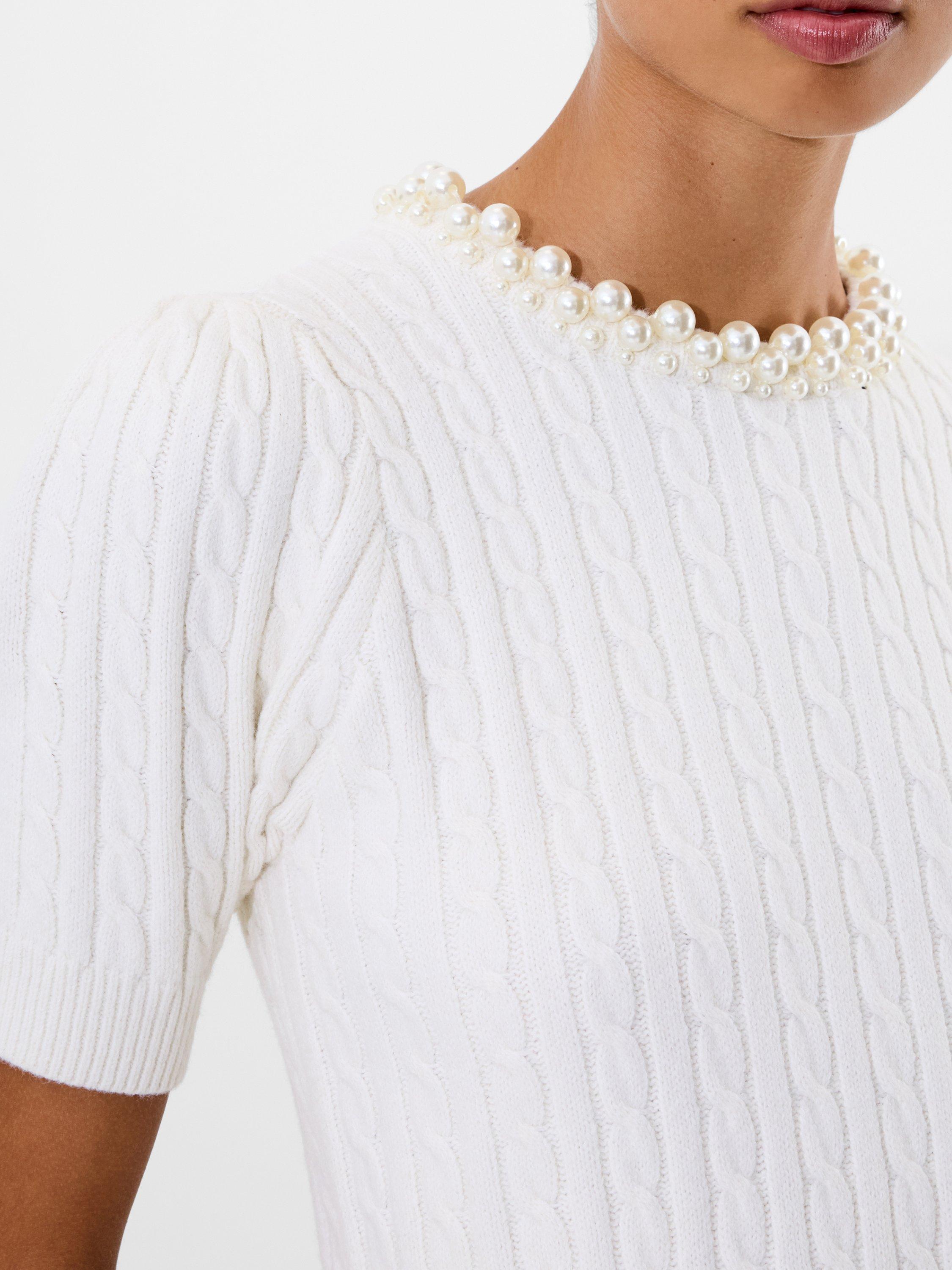 Product image 2 of 5, which shows French Connection Embellished Neck Short Sleeve Cable Knit Sweater, White/Multi, XS