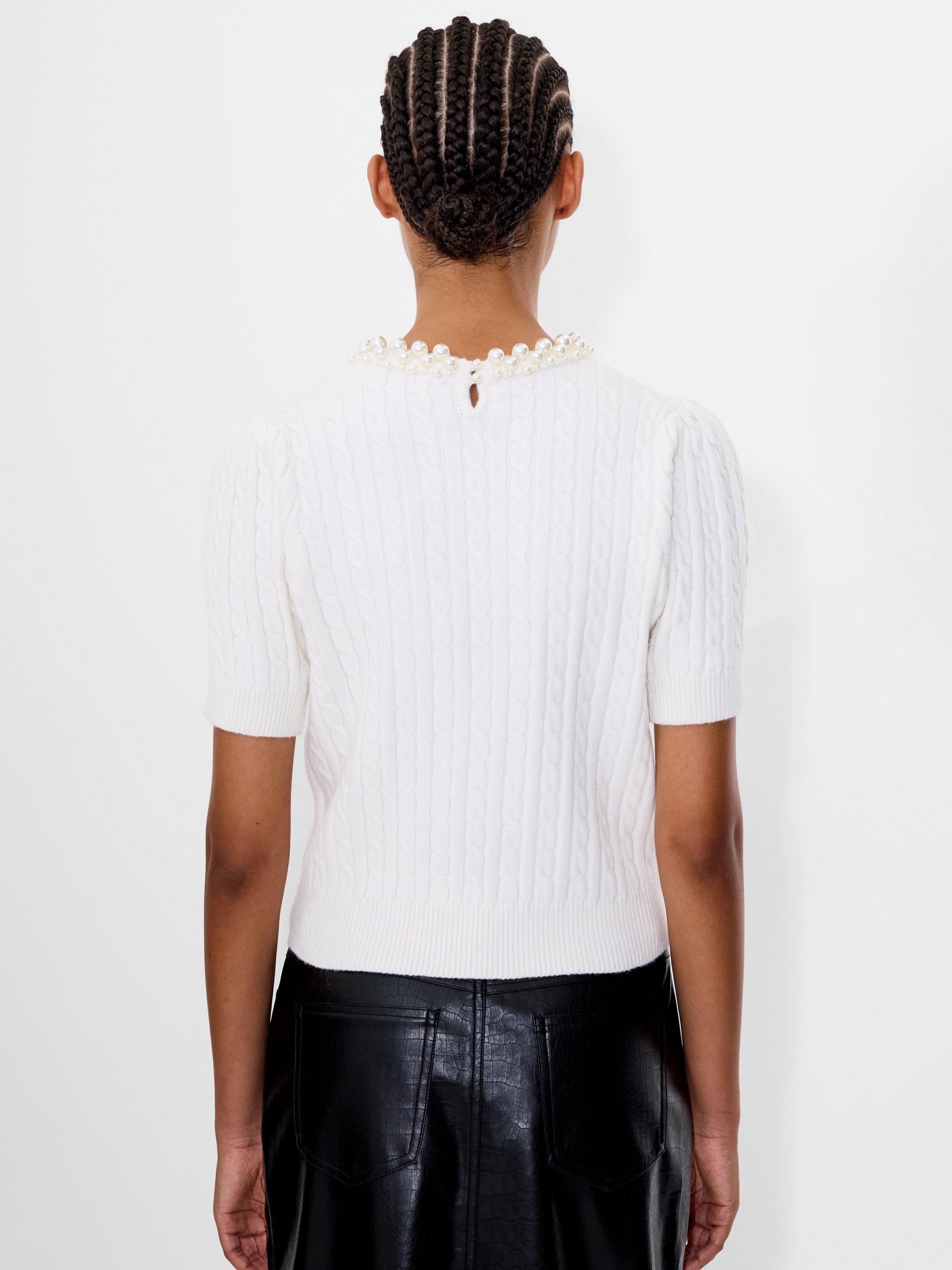 Product image 4 of 5, which shows French Connection Embellished Neck Short Sleeve Cable Knit Sweater, White/Multi, XS