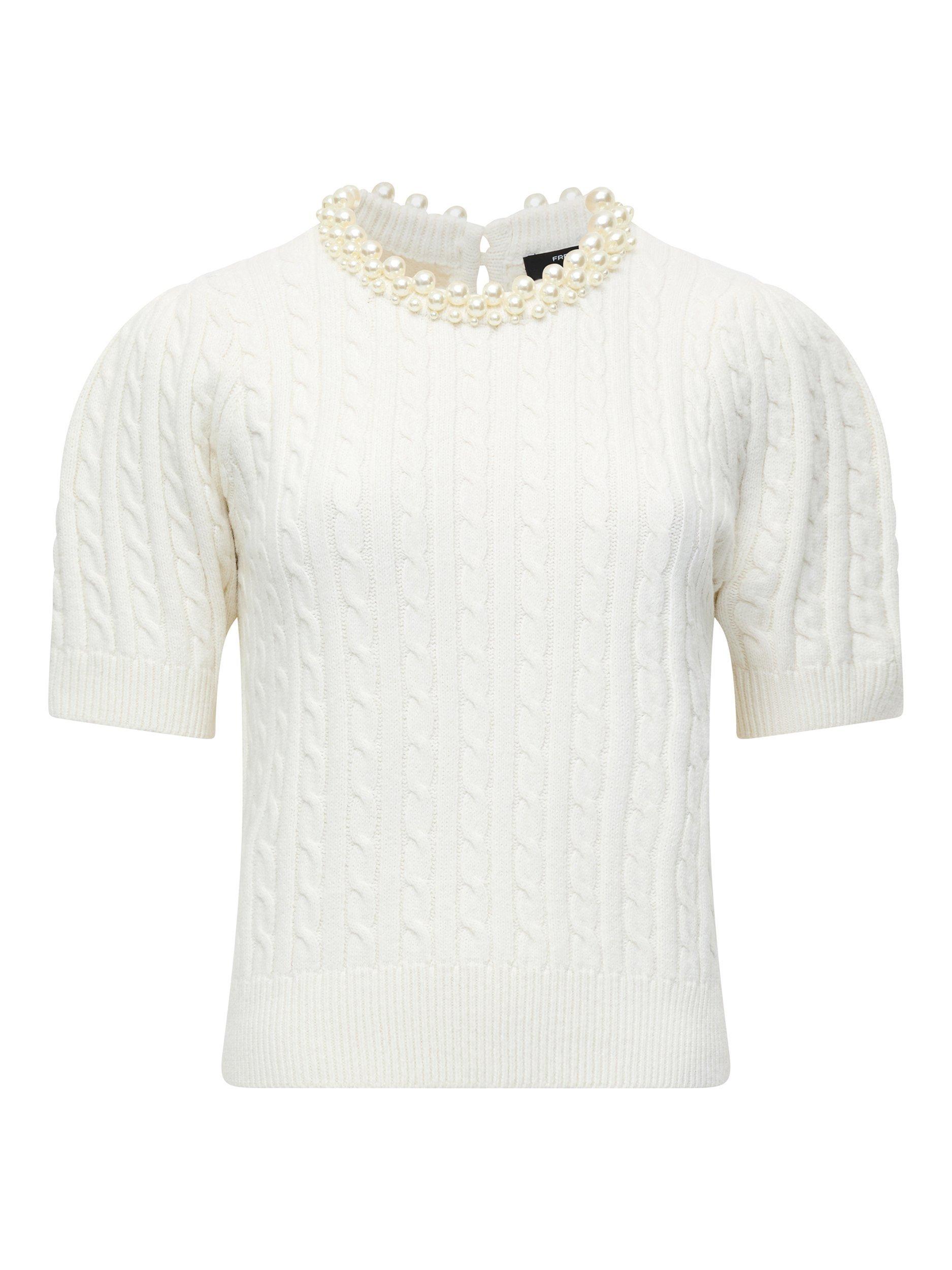 Product image 5 of 5, which shows French Connection Embellished Neck Short Sleeve Cable Knit Sweater, White/Multi, XS