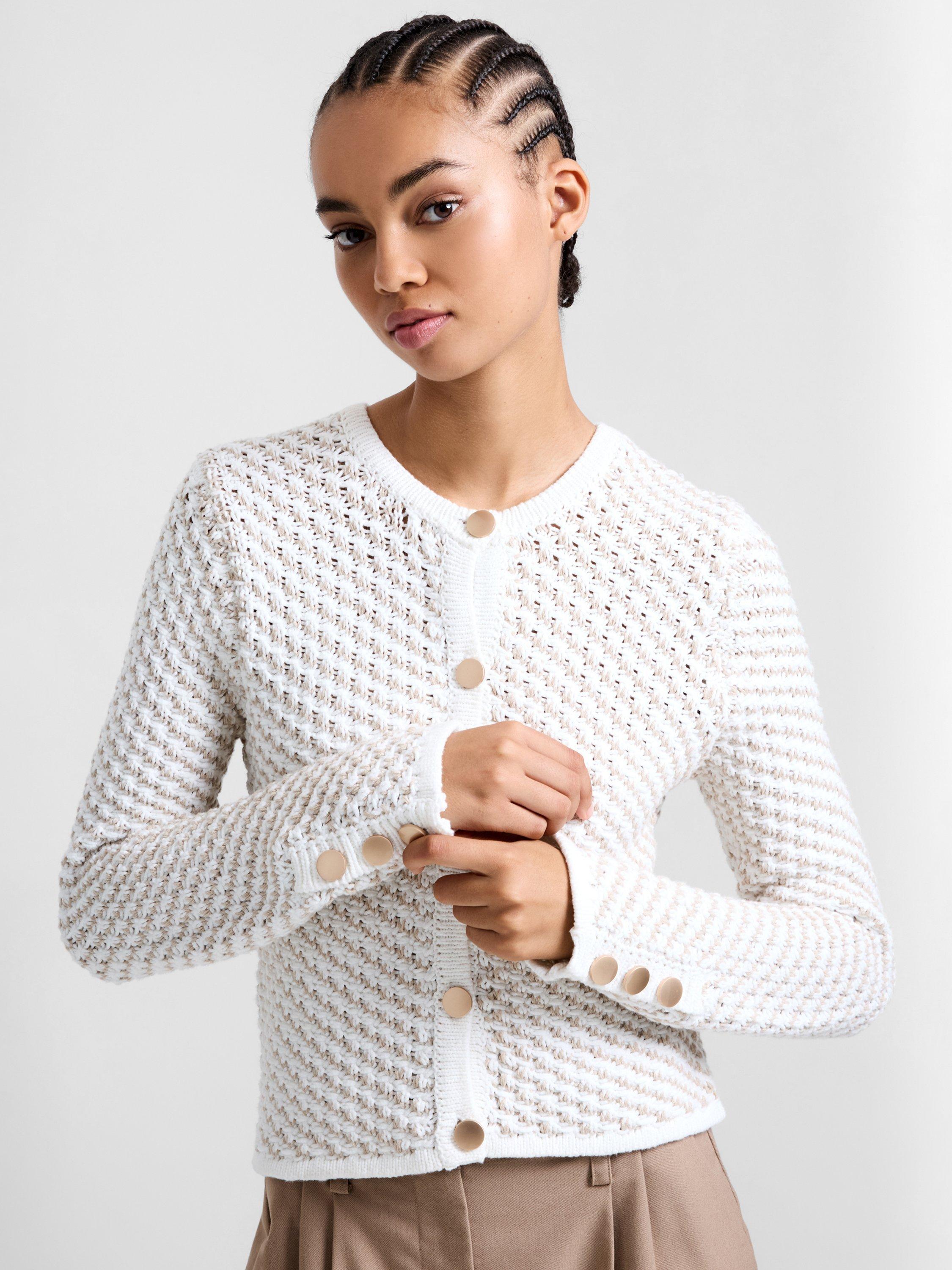 Product image 1 of 5, which shows French Connection Janai Textured Knit Cardigan, White/Multi, S