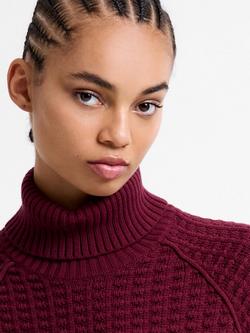 French Connection Keya Cotton Popcorn Knit Roll Neck Jumper, Bordeaux Red - view 2, Bordeaux Red