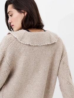 French Connection Kitty Faux Pearl Trim Cardigan, Natural Beige - view 2, Natural Beige