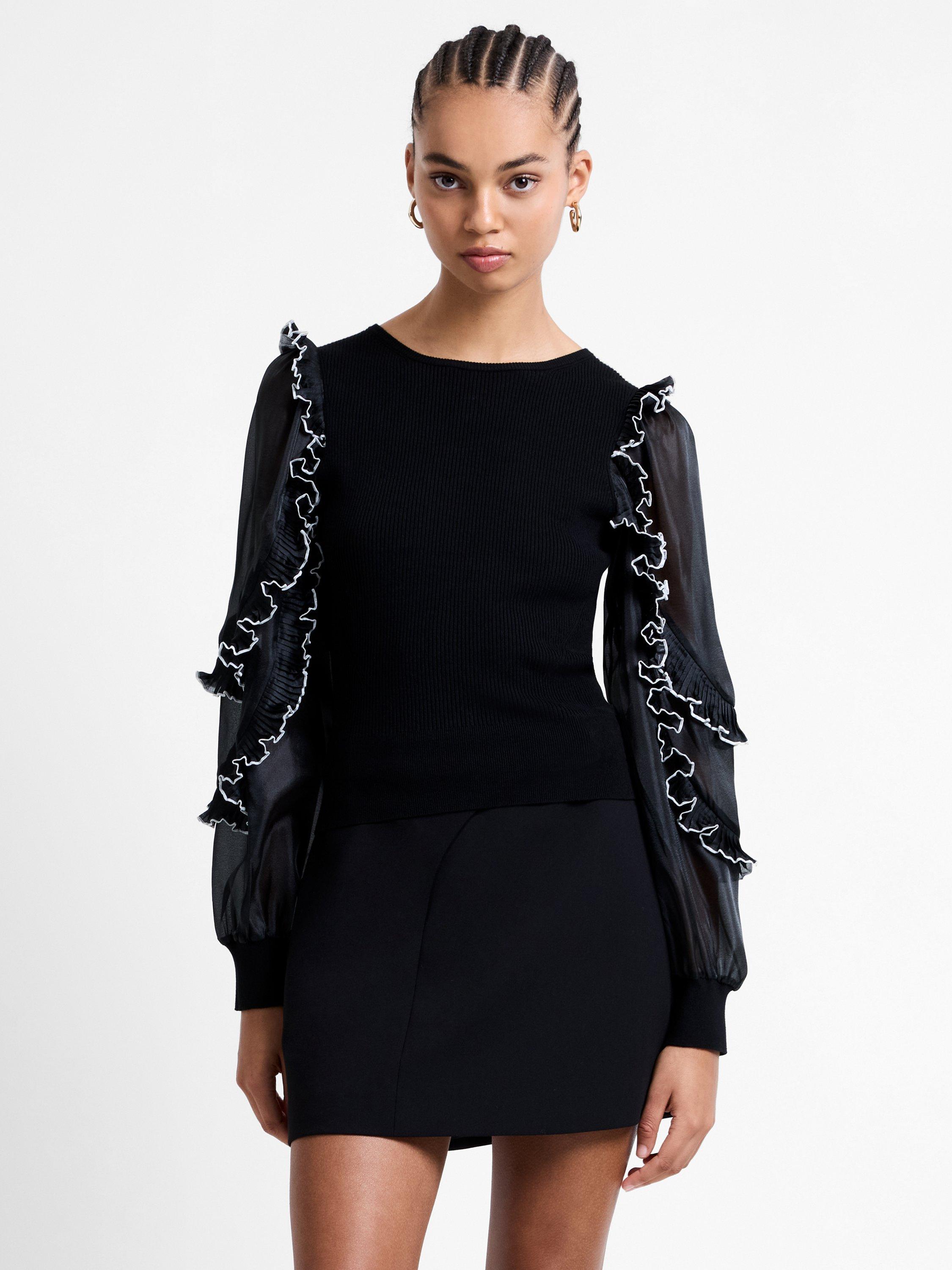 Product image 1 of 6, which shows French Connection Krista Ruffle Trim Top, Blackout, XS