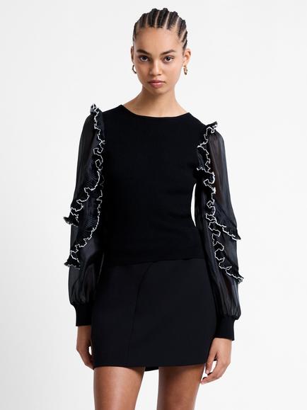 French Connection Krista Ruffle Trim Top, Blackout, Blackout