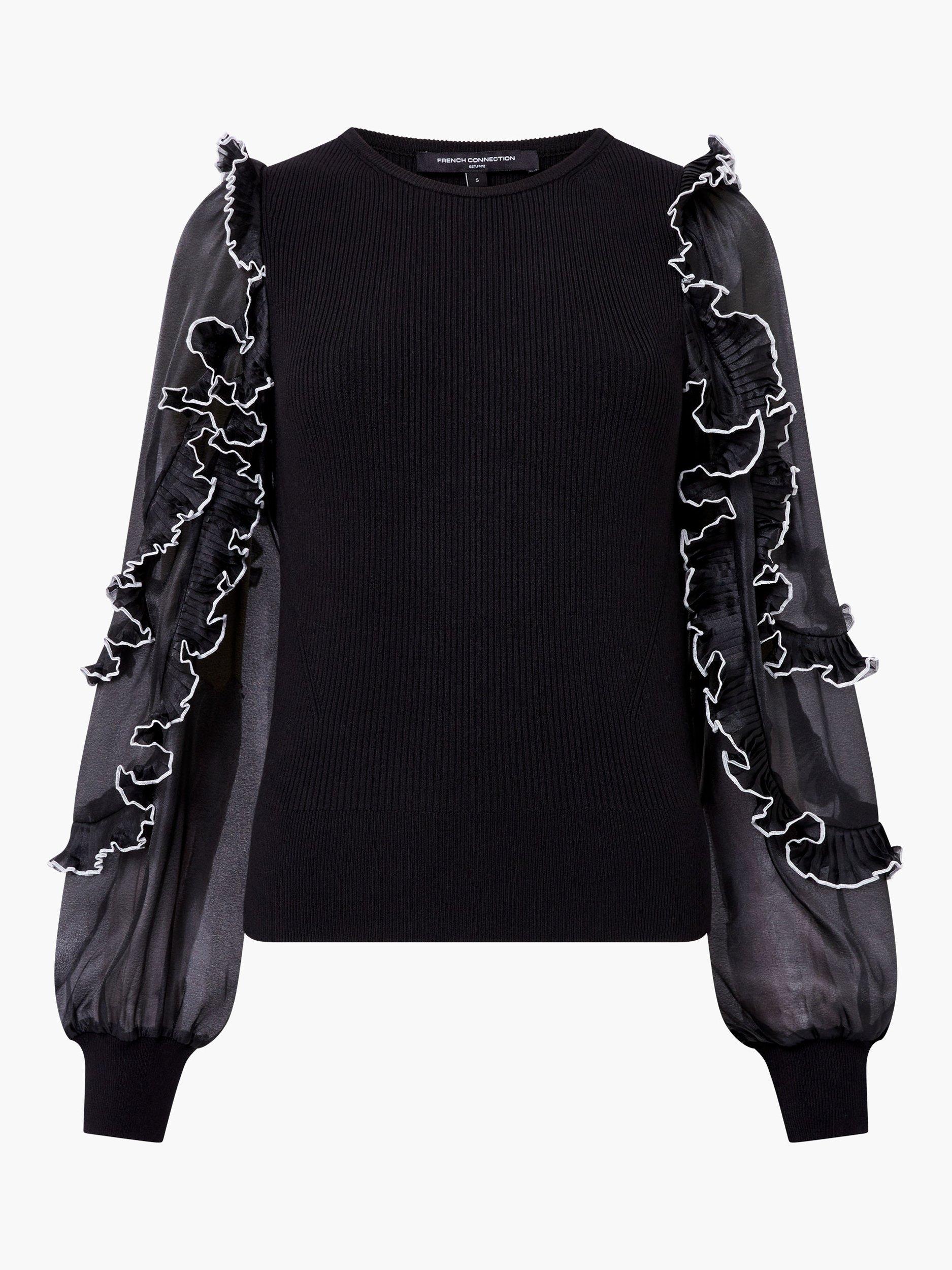 Product image 6 of 6, which shows French Connection Krista Ruffle Trim Top, Blackout, XS