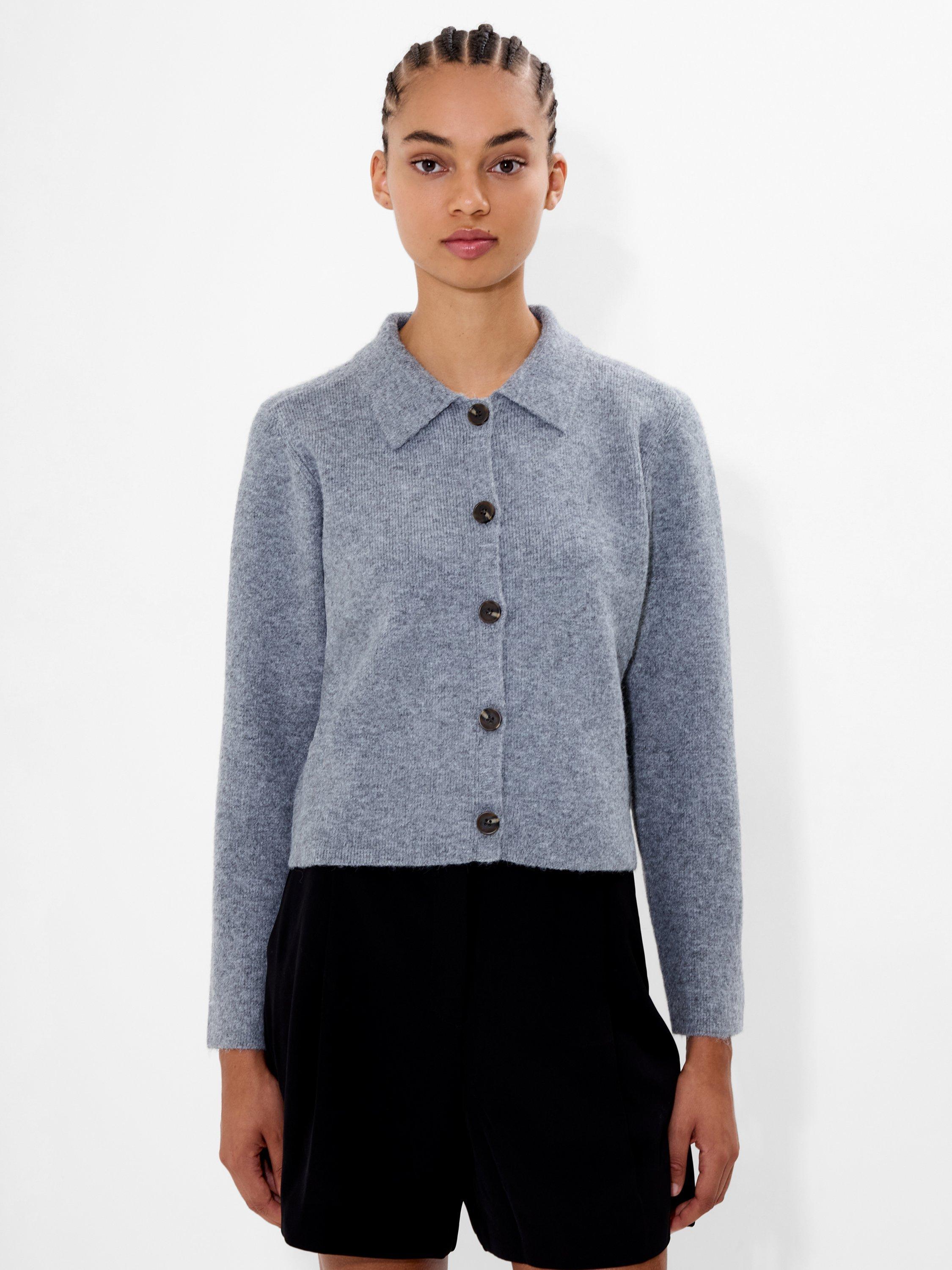 Product image 1 of 6, which shows French Connection Ellie Collared Cropped Cardigan, Mid Grey Melange, L