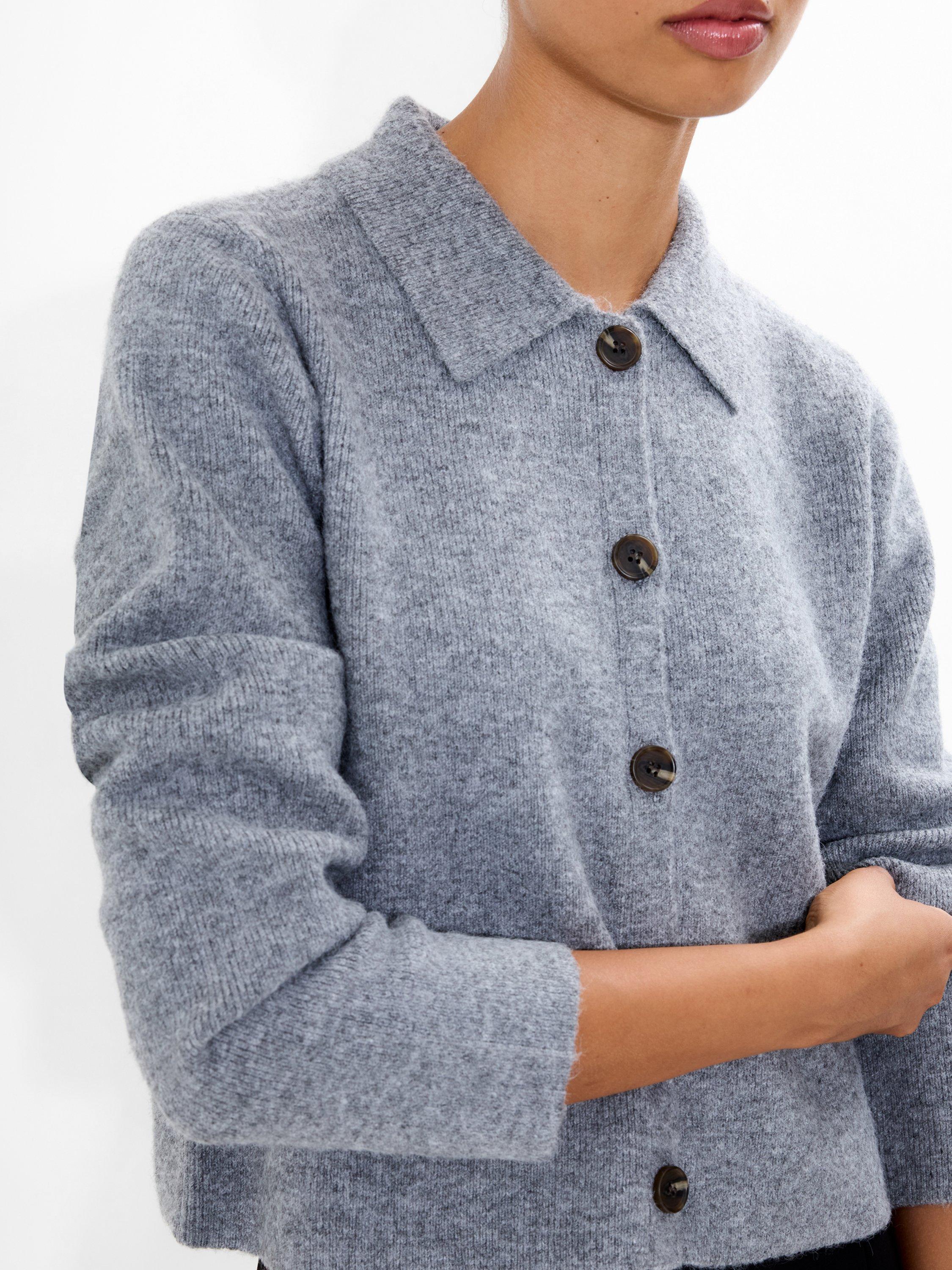 Product image 2 of 6, which shows French Connection Ellie Collared Cropped Cardigan, Mid Grey Melange, L