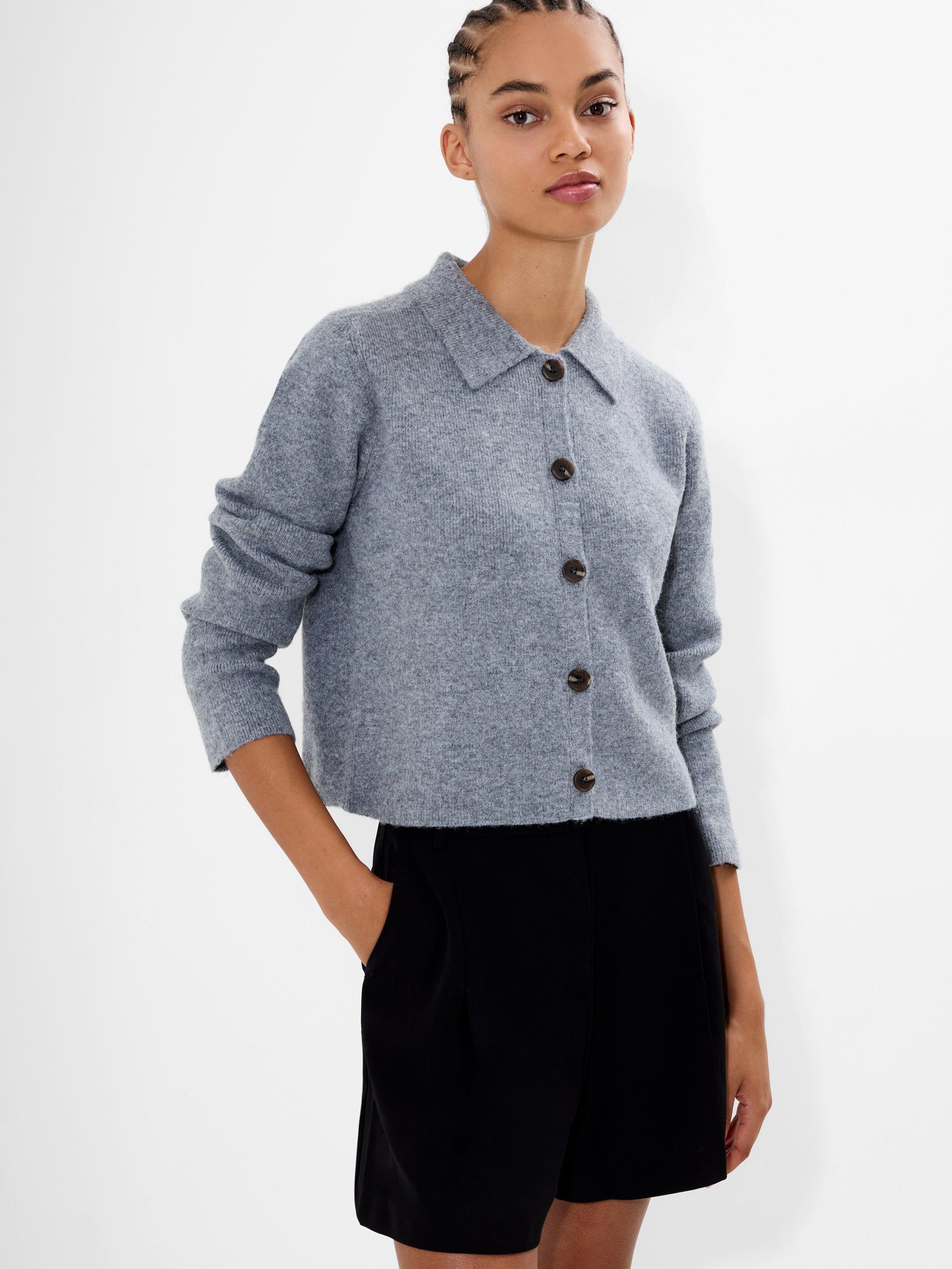 Product image 3 of 6, which shows French Connection Ellie Collared Cropped Cardigan, Mid Grey Melange, L