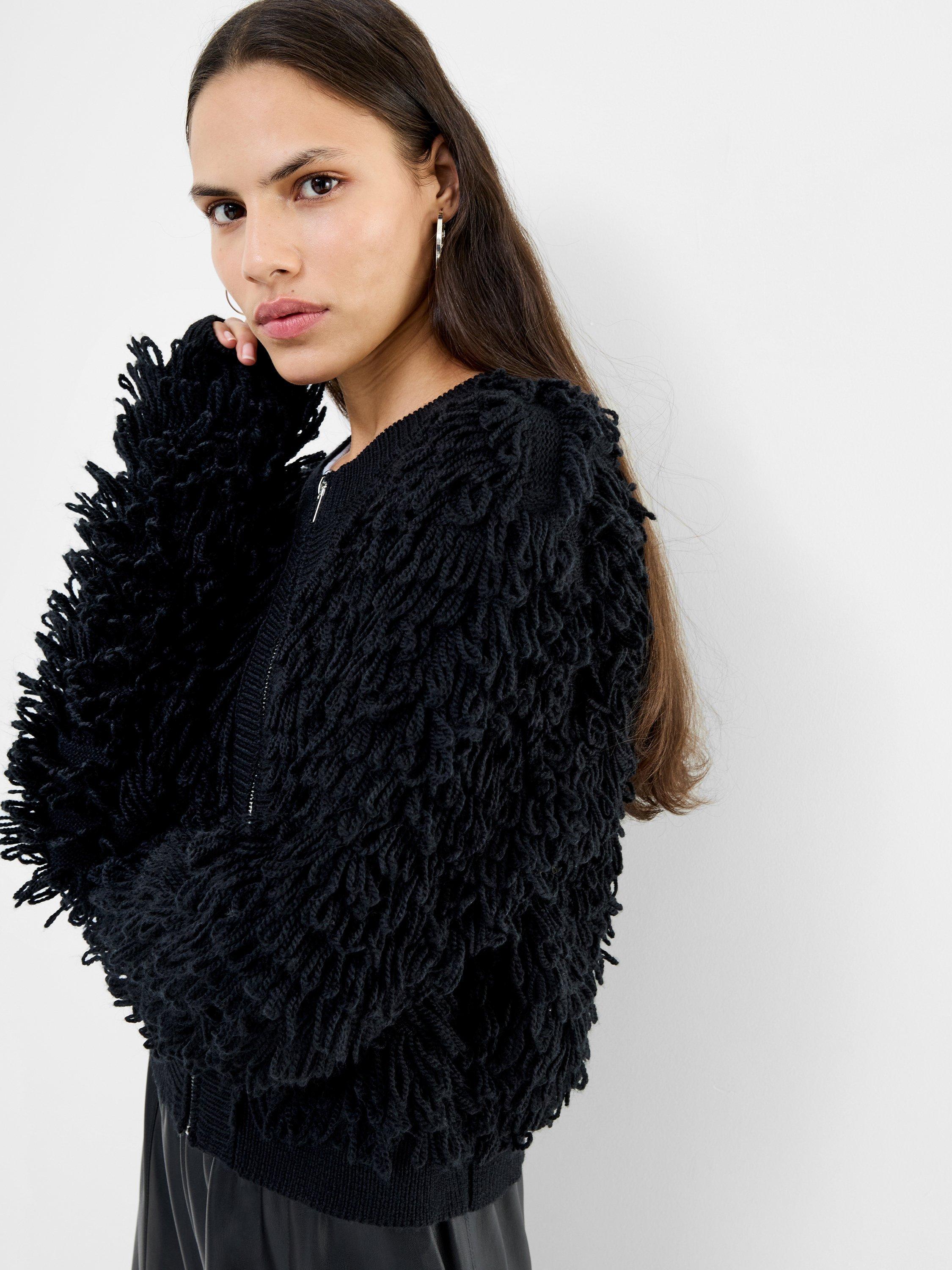 Product image 3 of 5, which shows French Connection Mali Fringed Knit Jacket, Black, XS