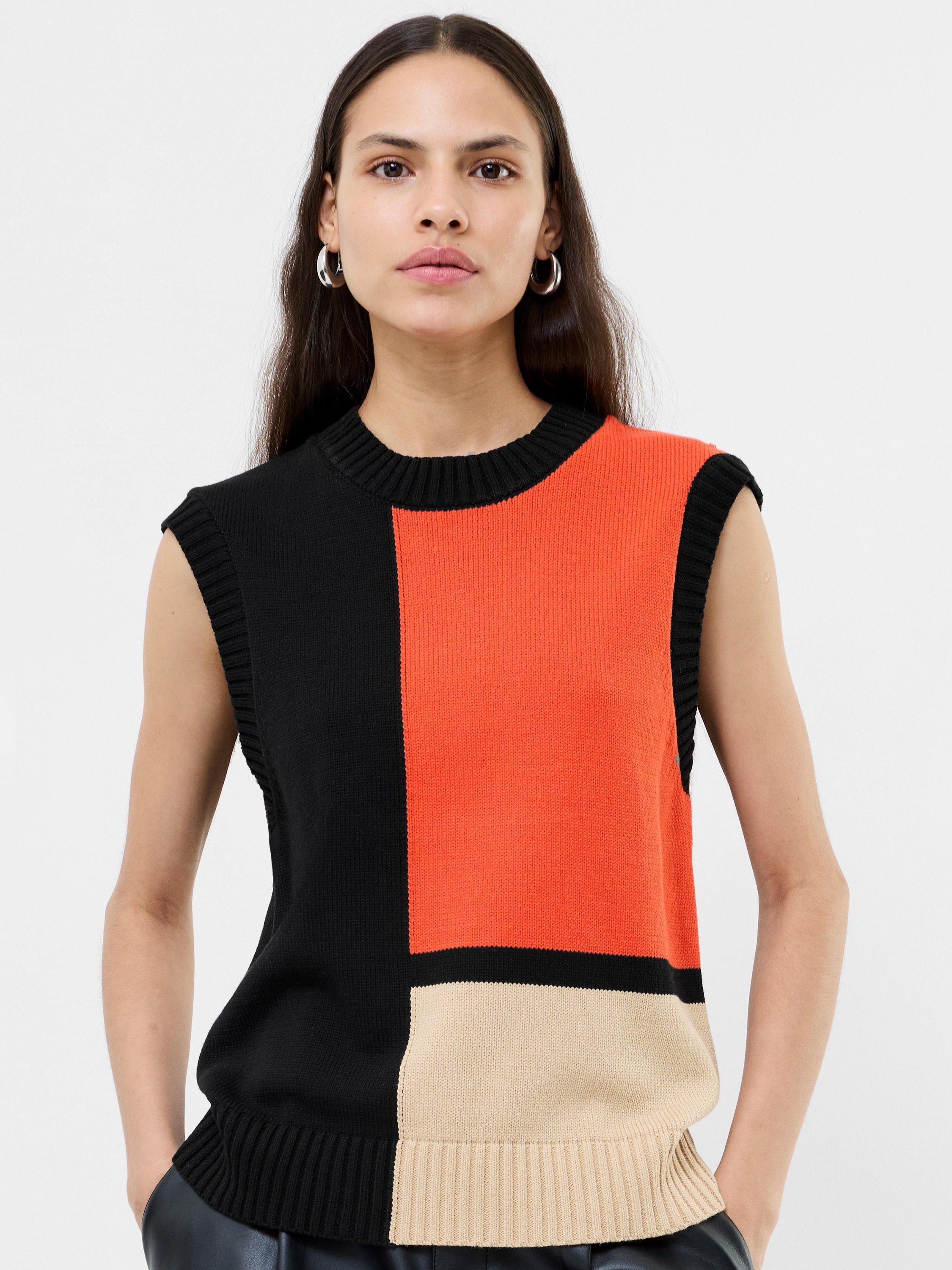 Product image 1 of 5, which shows French Connection Varli Colour Block Knit Vest Top, Black/Flame/Camel, XS