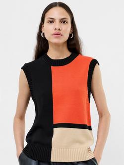French Connection Varli Colour Block Knit Vest Top, Black/Flame/Camel, Black/Flame/Camel