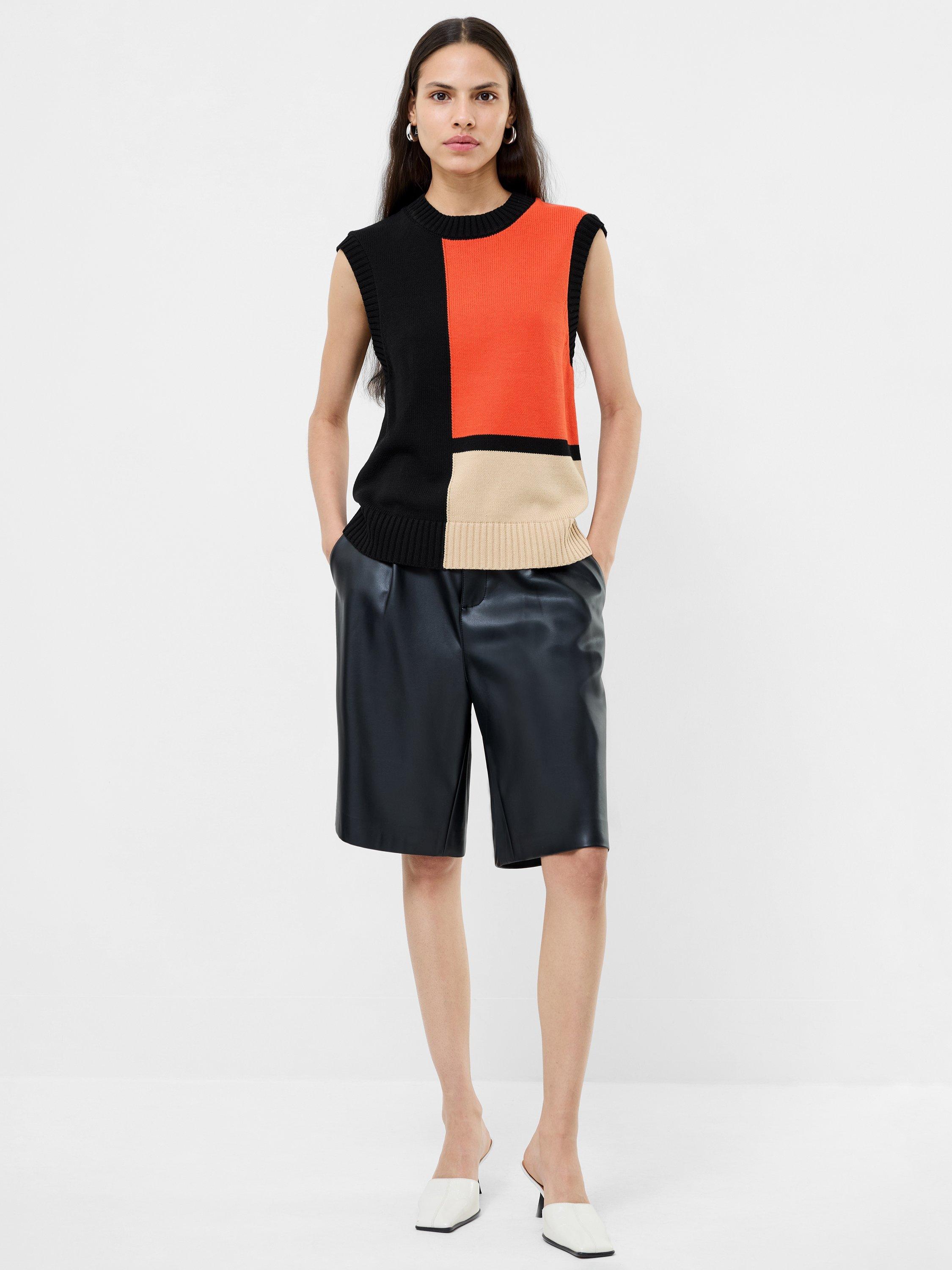 Product image 3 of 5, which shows French Connection Varli Colour Block Knit Vest Top, Black/Flame/Camel, XS