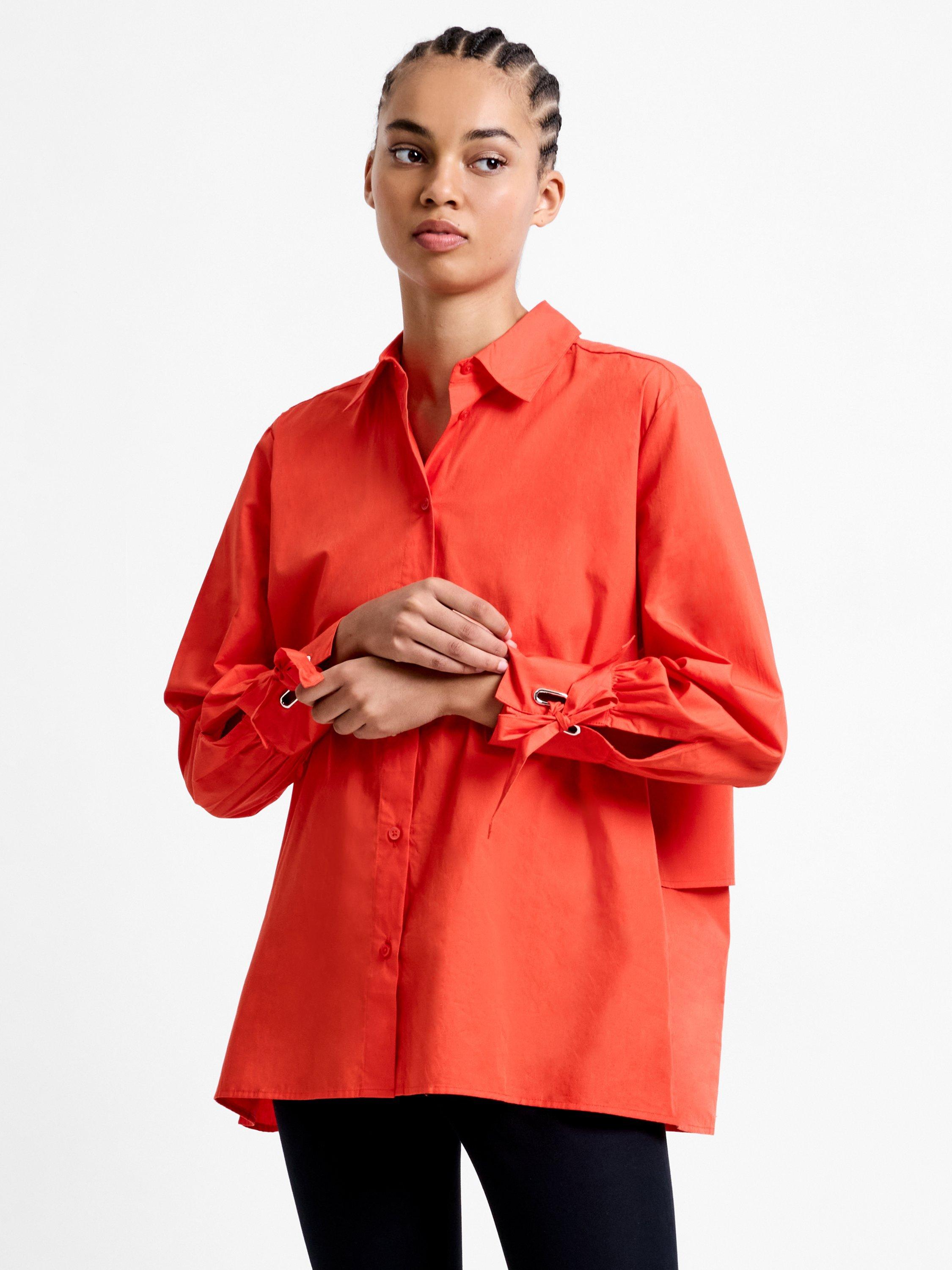 Product image 1 of 5, which shows French Connection Cambria Tie Up Bow Shirt, Dark Orange, XS