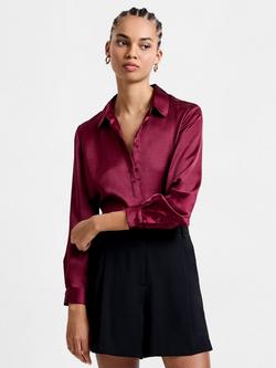 French Connection Irina Long Sleeve Satin Shirt, Bordeaux Red, Bordeaux Red