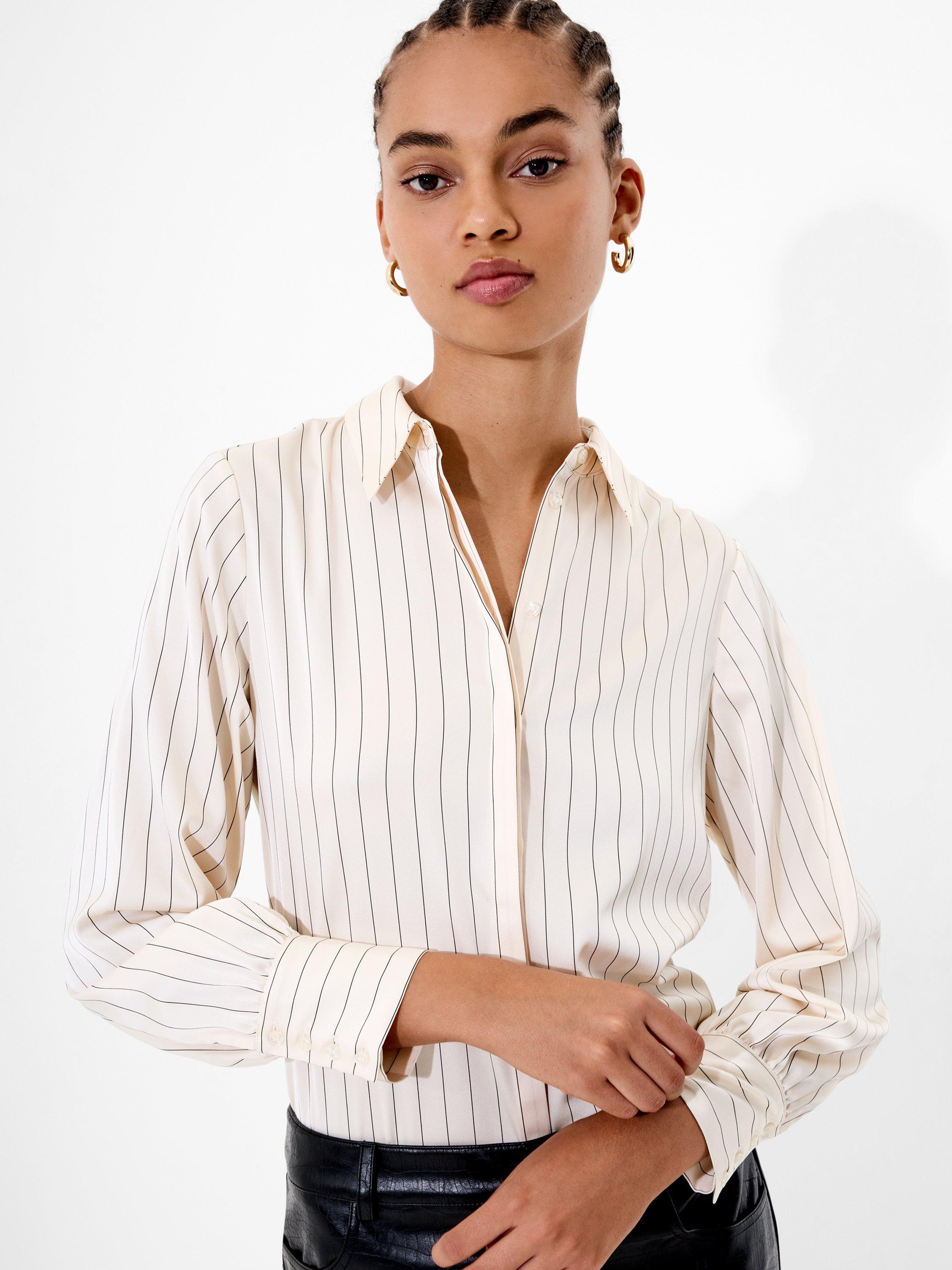 Product image 2 of 5, which shows French Connection Pinstripe Satin Shirt, White/Multi, XS