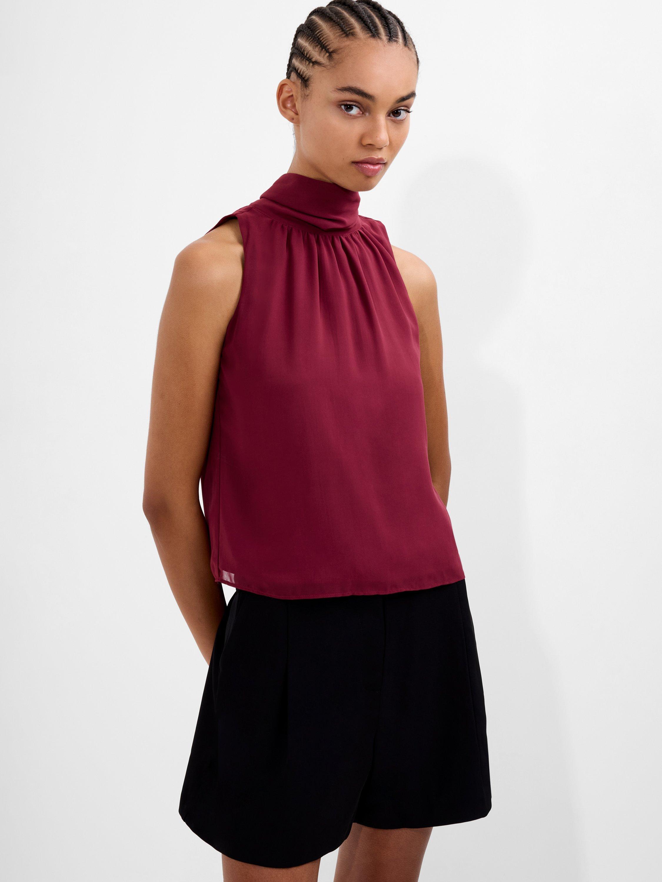 Product image 1 of 5, which shows French Connection Marina Chiffon Sleeveless Bow Top, Red, XS