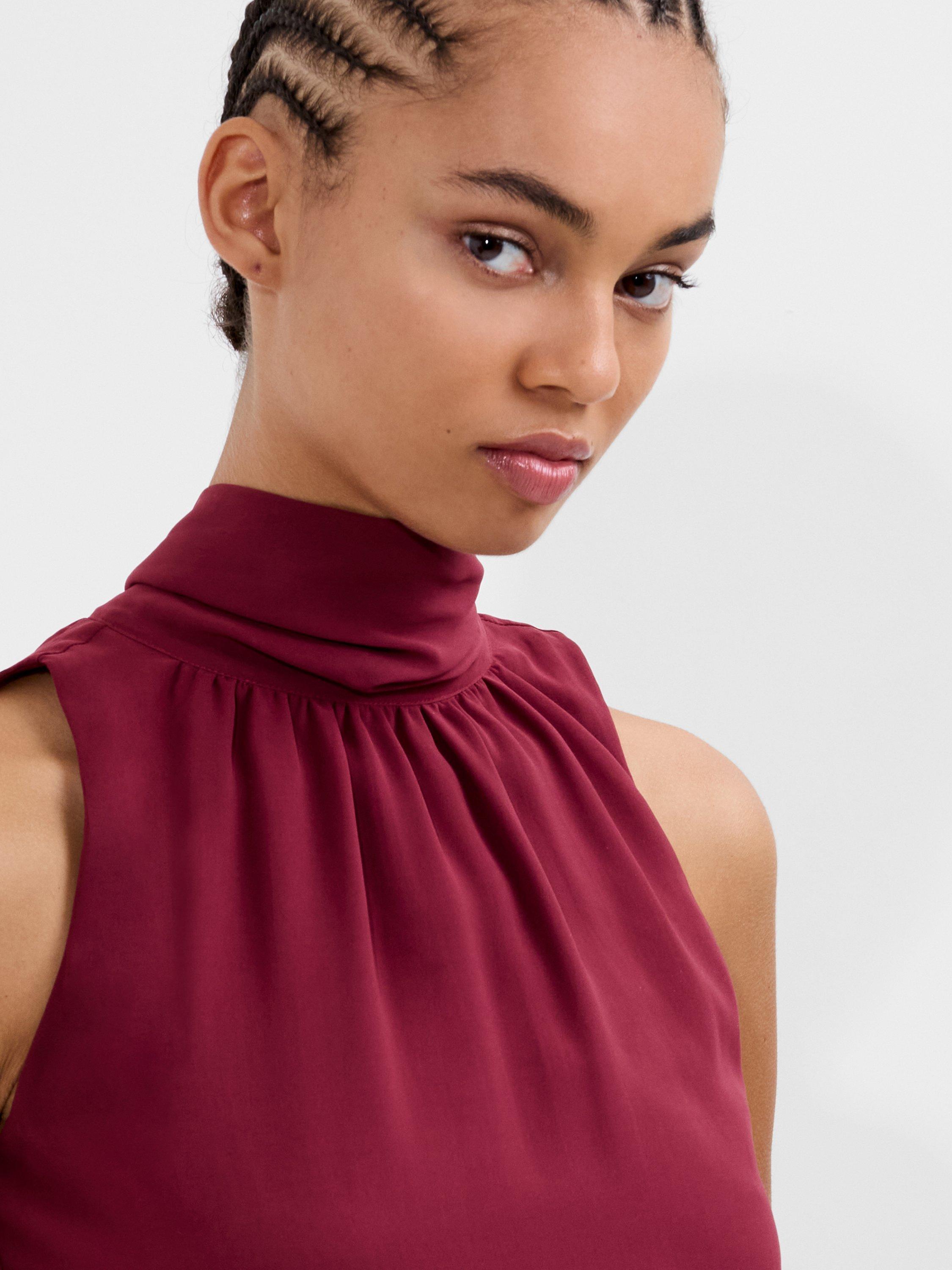 Product image 2 of 5, which shows French Connection Marina Chiffon Sleeveless Bow Top, Red, XS