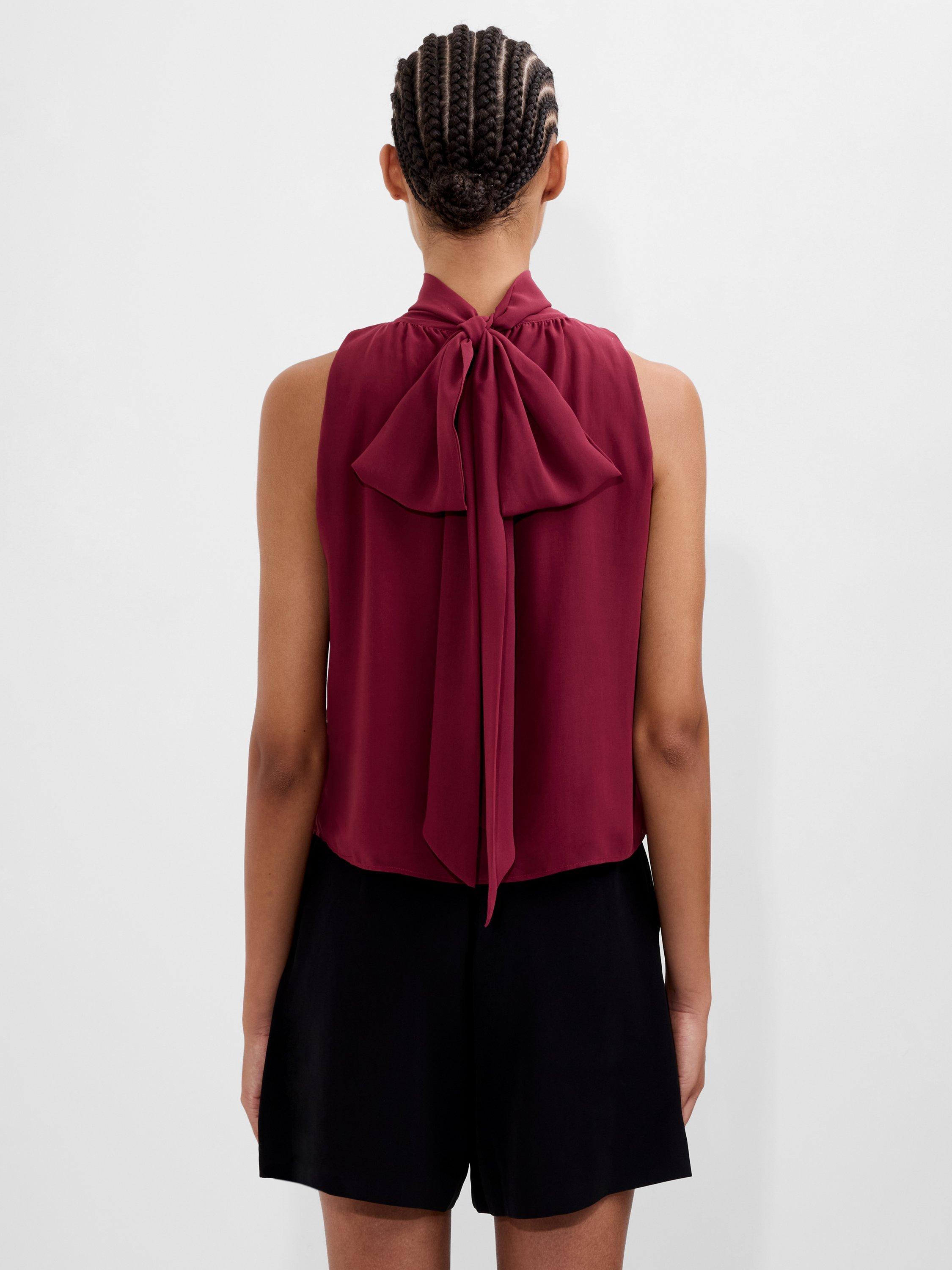 Product image 3 of 5, which shows French Connection Marina Chiffon Sleeveless Bow Top, Red, XS