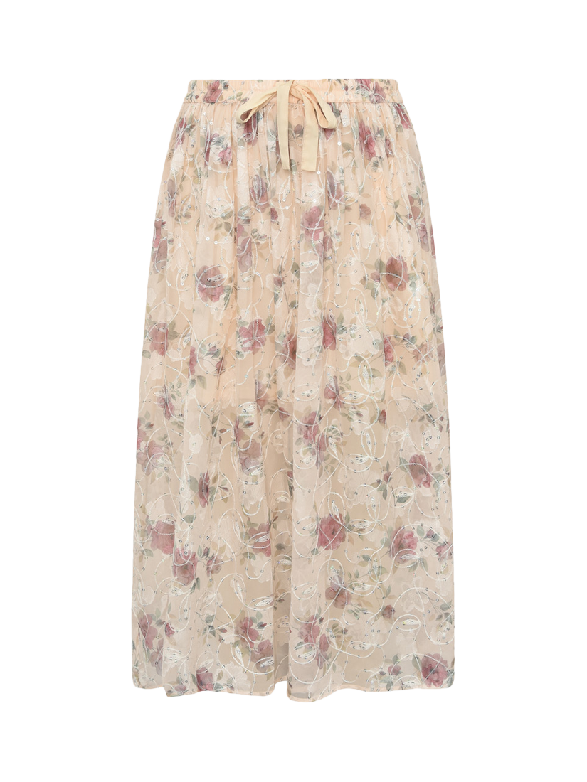 Product image 1 of 3, which shows A-VIEW Floral Flounce Midi Skirt, Beige/Multi, 8