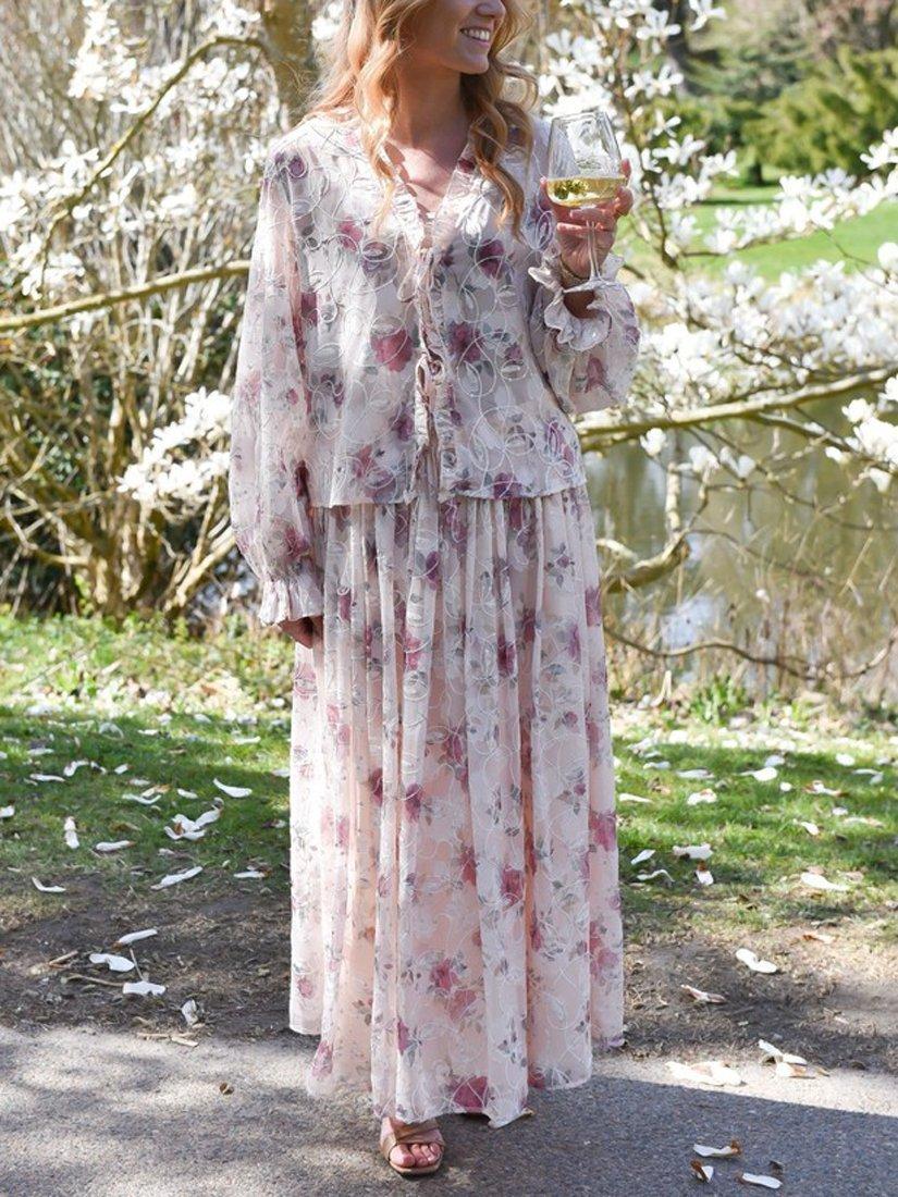 Product image 3 of 3, which shows A-VIEW Floral Flounce Midi Skirt, Beige/Multi, 8