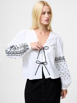 French Connection Cambria Floral Sleeve Tie Up Shirt, Linen White/Black, Linen White/Black