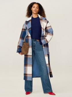 OMNES Tina Check Longline Coat, Blue/Brown, Blue/Brown